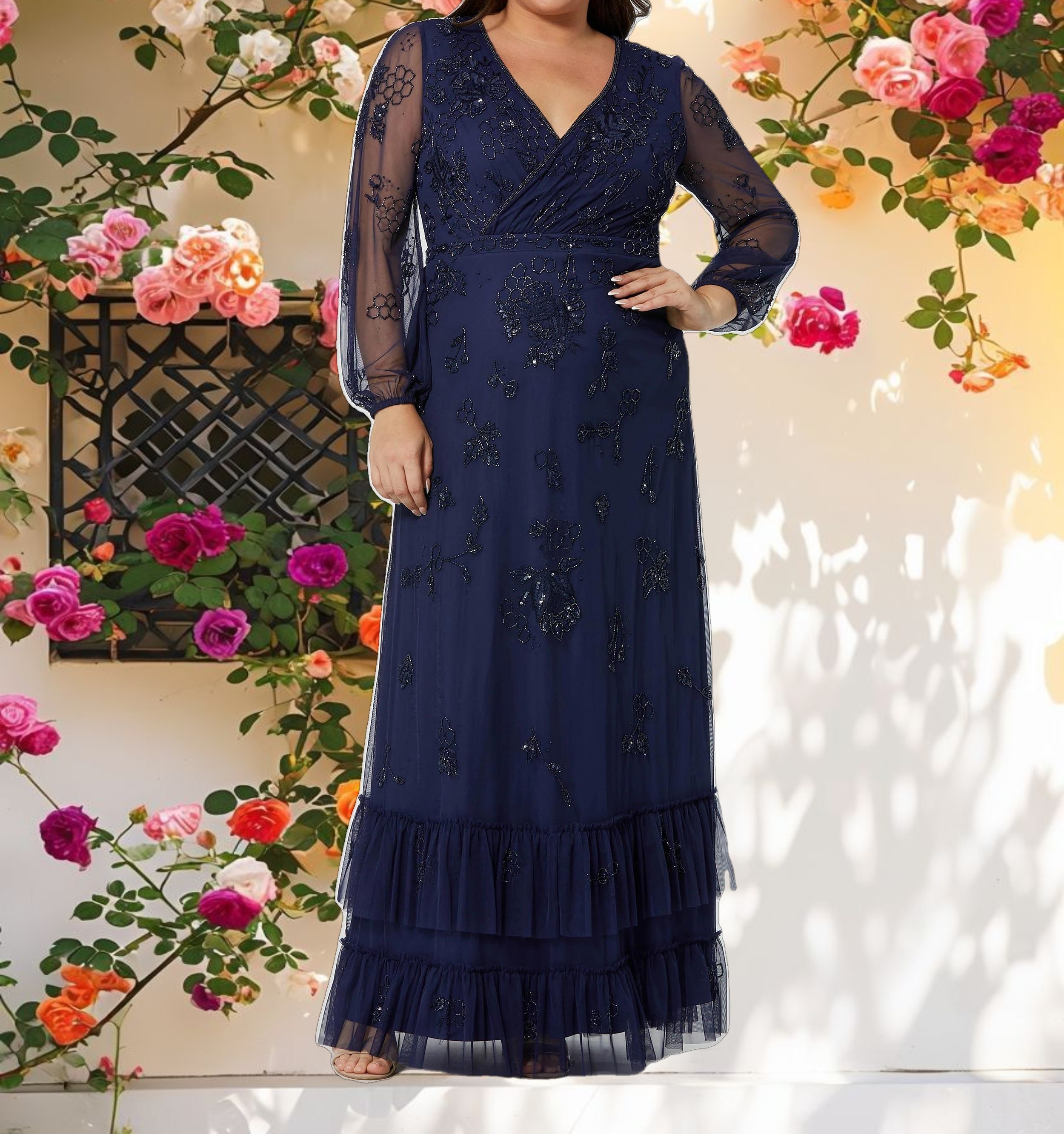 Navy Puff Sleeve V Neck Tiered Embellished Gown