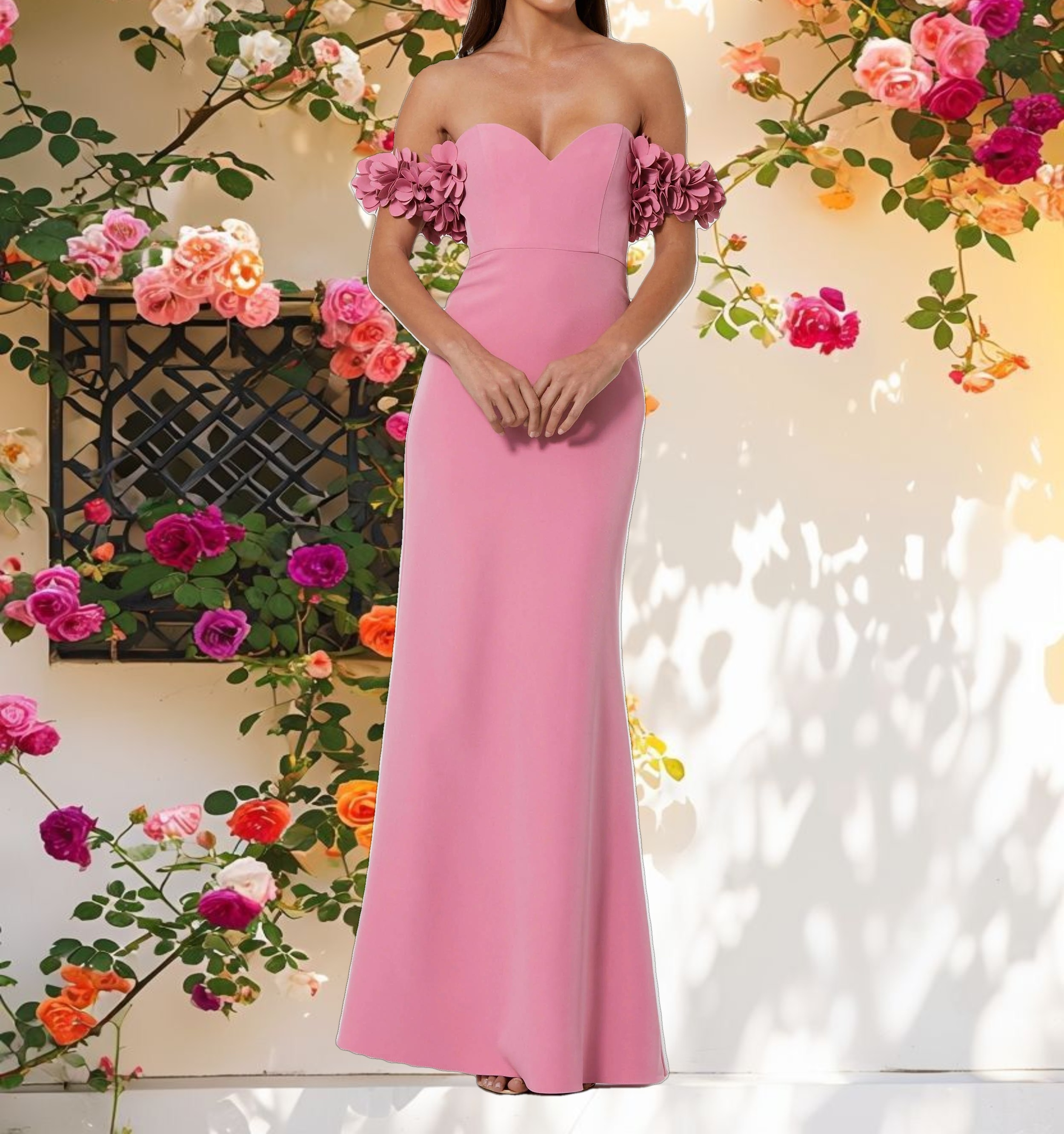 Pink Crepe Off The Shoulder Gown With 3D Flowers