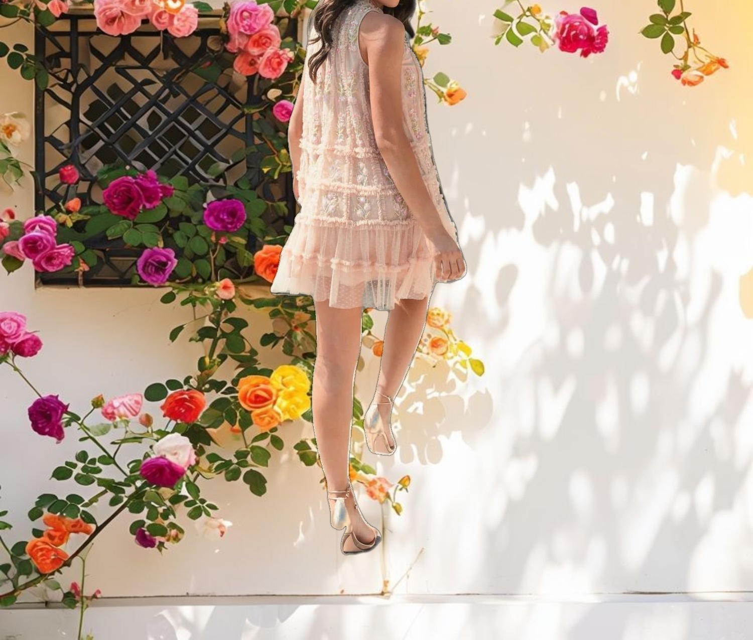 Beige Sleeveless High Neck Beaded Ruffle Mini Dress