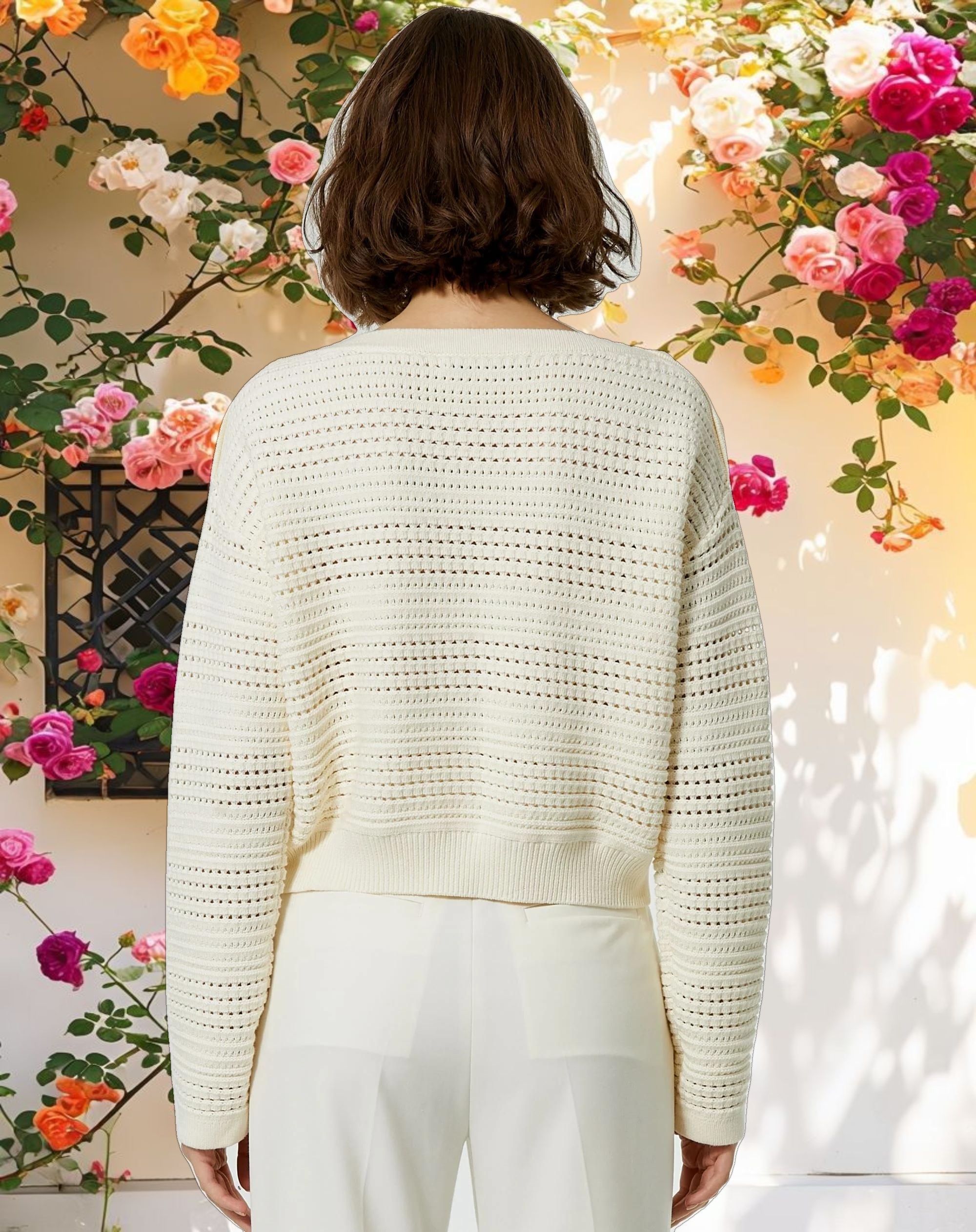 Long Sleeve Crochet Knit Crew Neck Sweater With Pockets