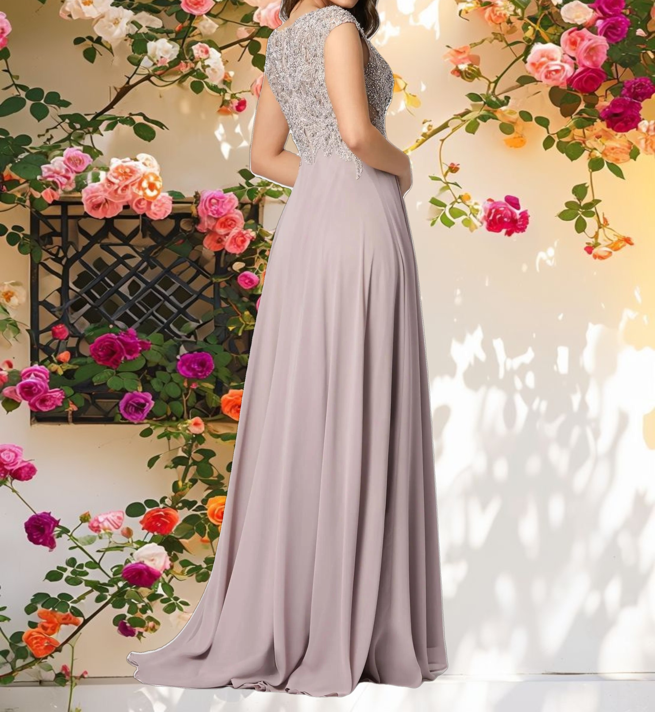 Purple Applique Cap Sleeve Bodice Gown