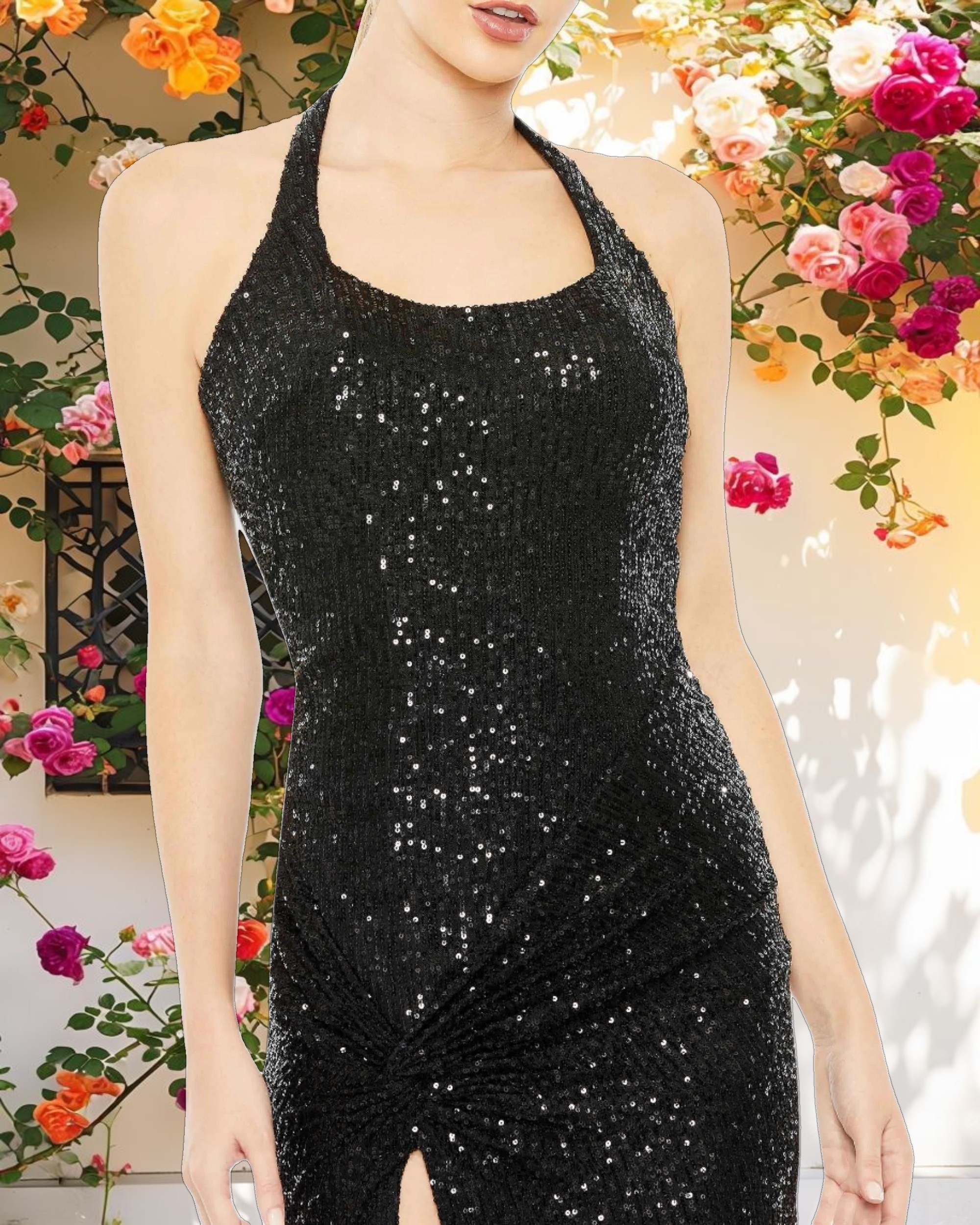 Black Sequined Halter Strap Low Side Knot Gown