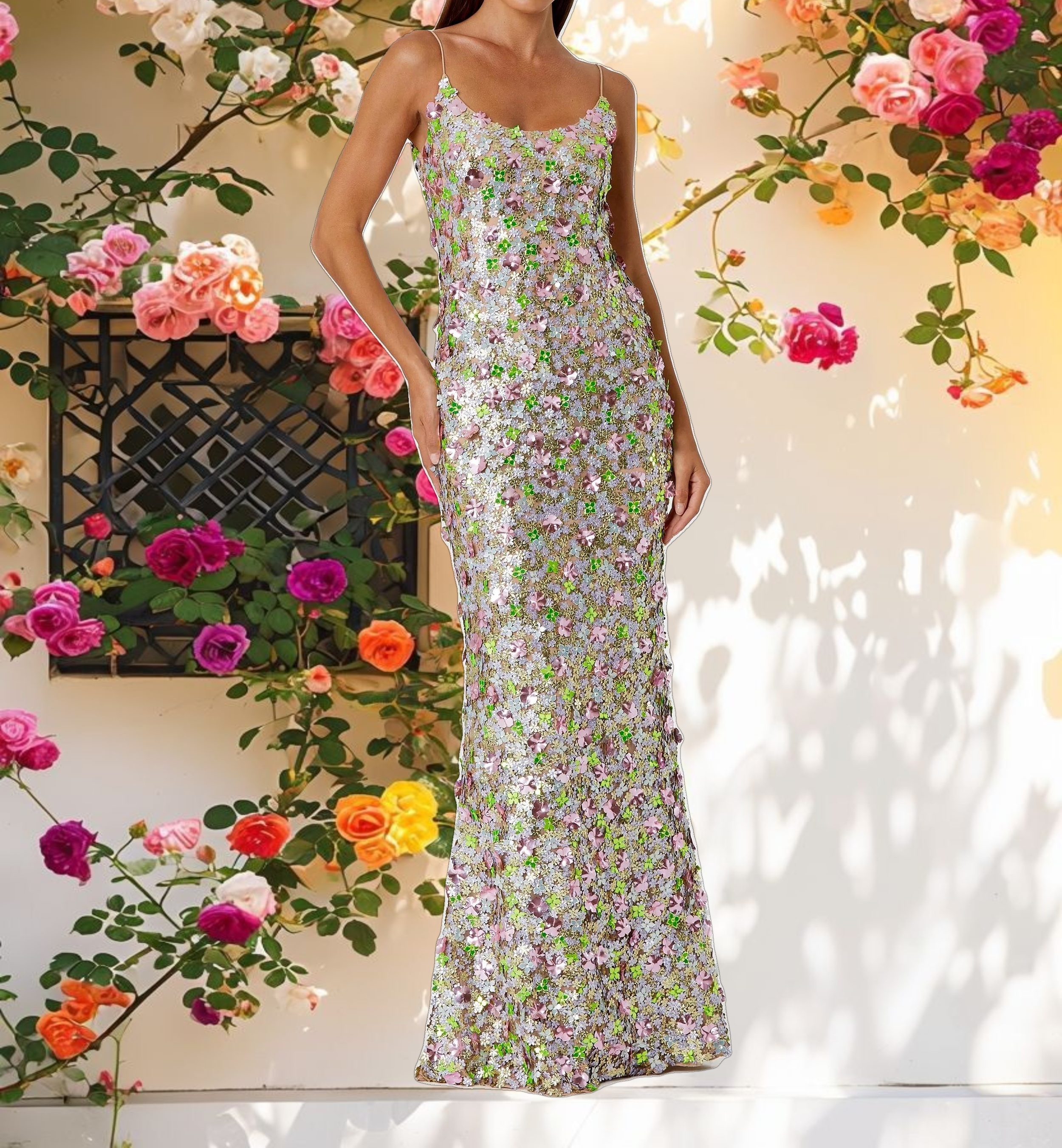 Sleeveless Floral Paillette Embelleshed Mesh Gown