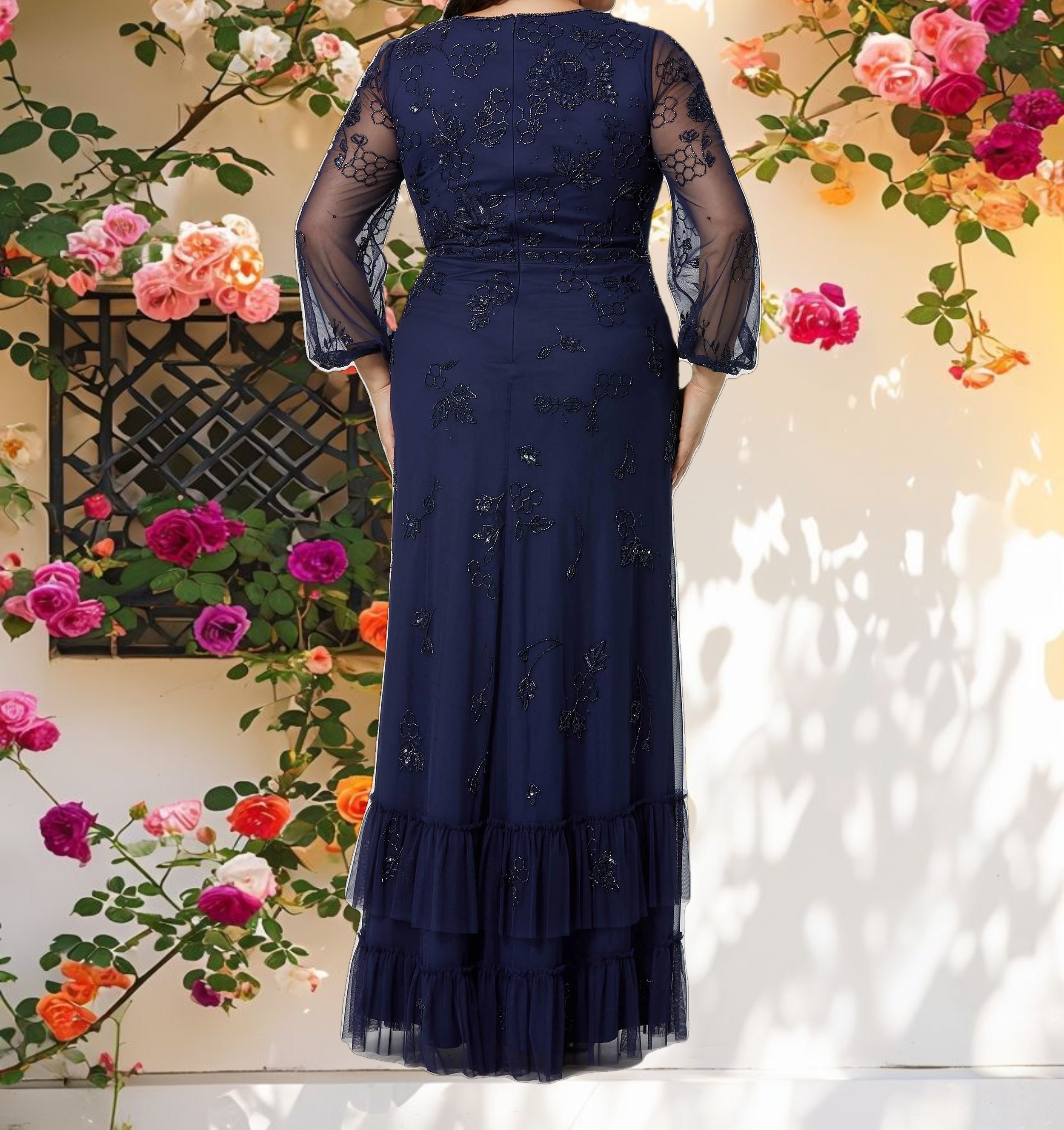 Navy Puff Sleeve V Neck Tiered Embellished Gown