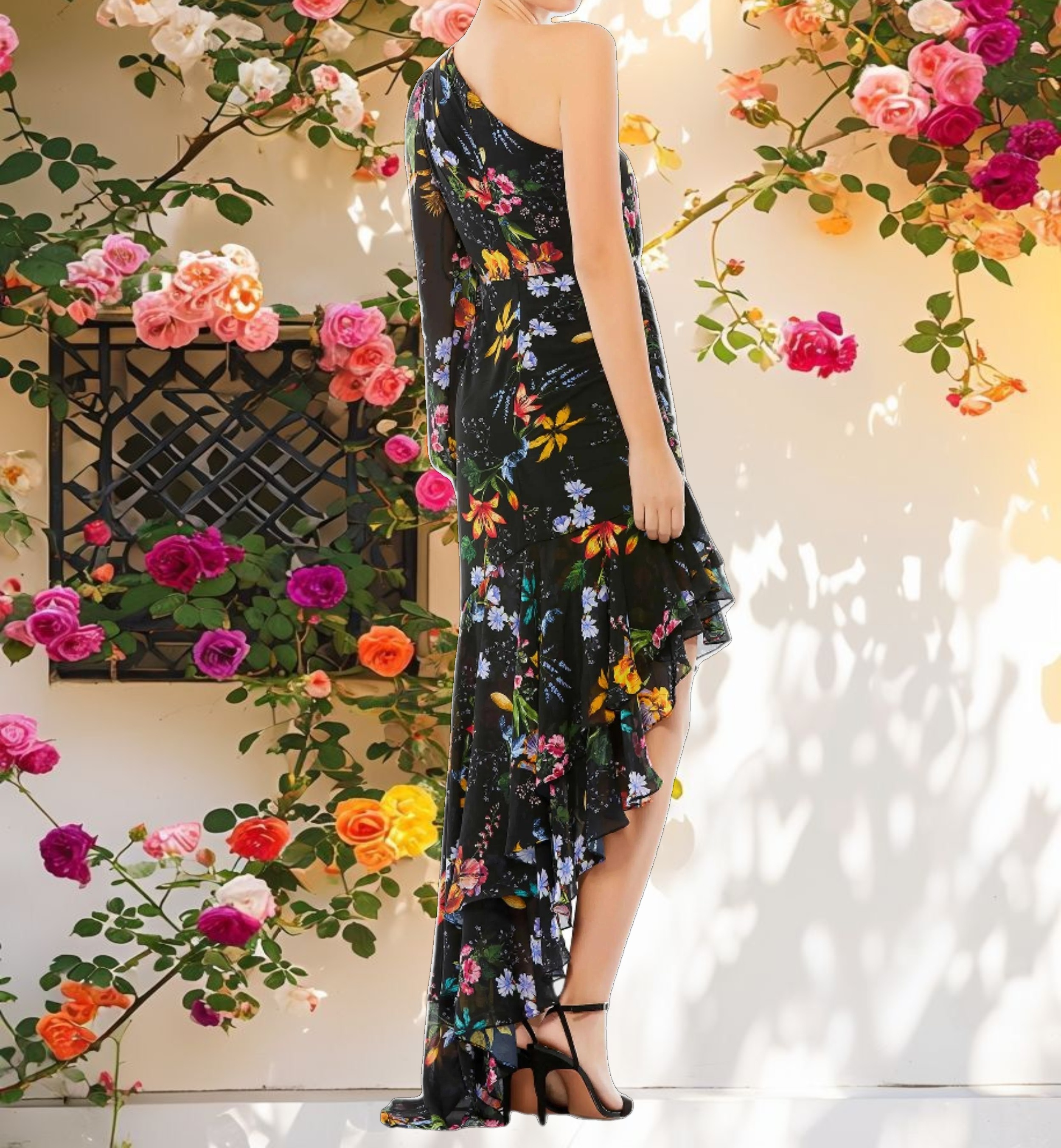 Floral One Sleeve Cut Out Dress