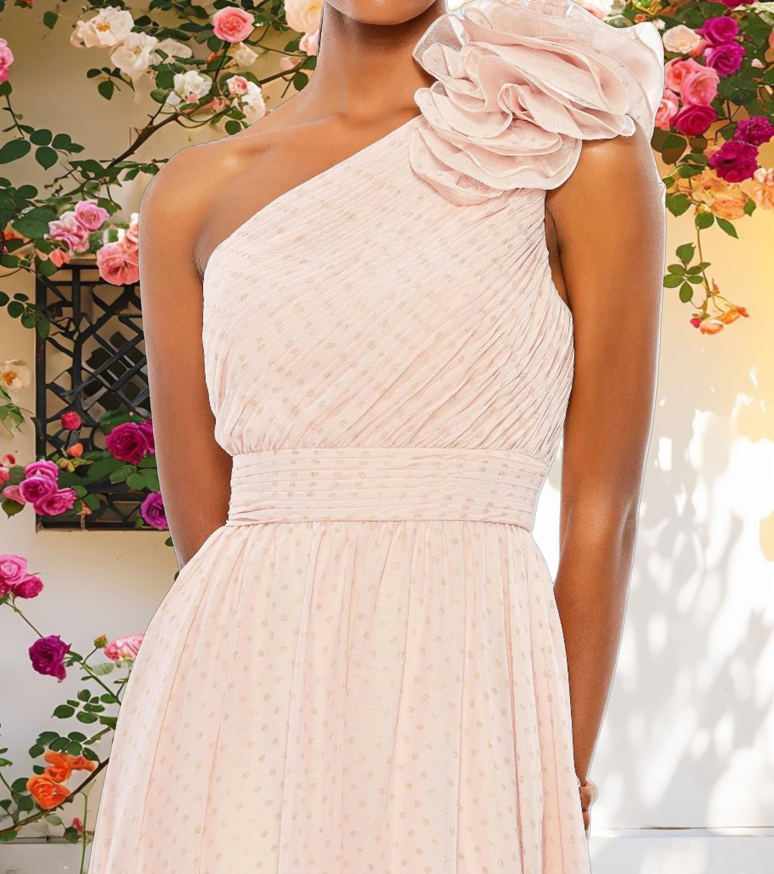 Pink Polka Dot Ruffled One Shoulder Gown