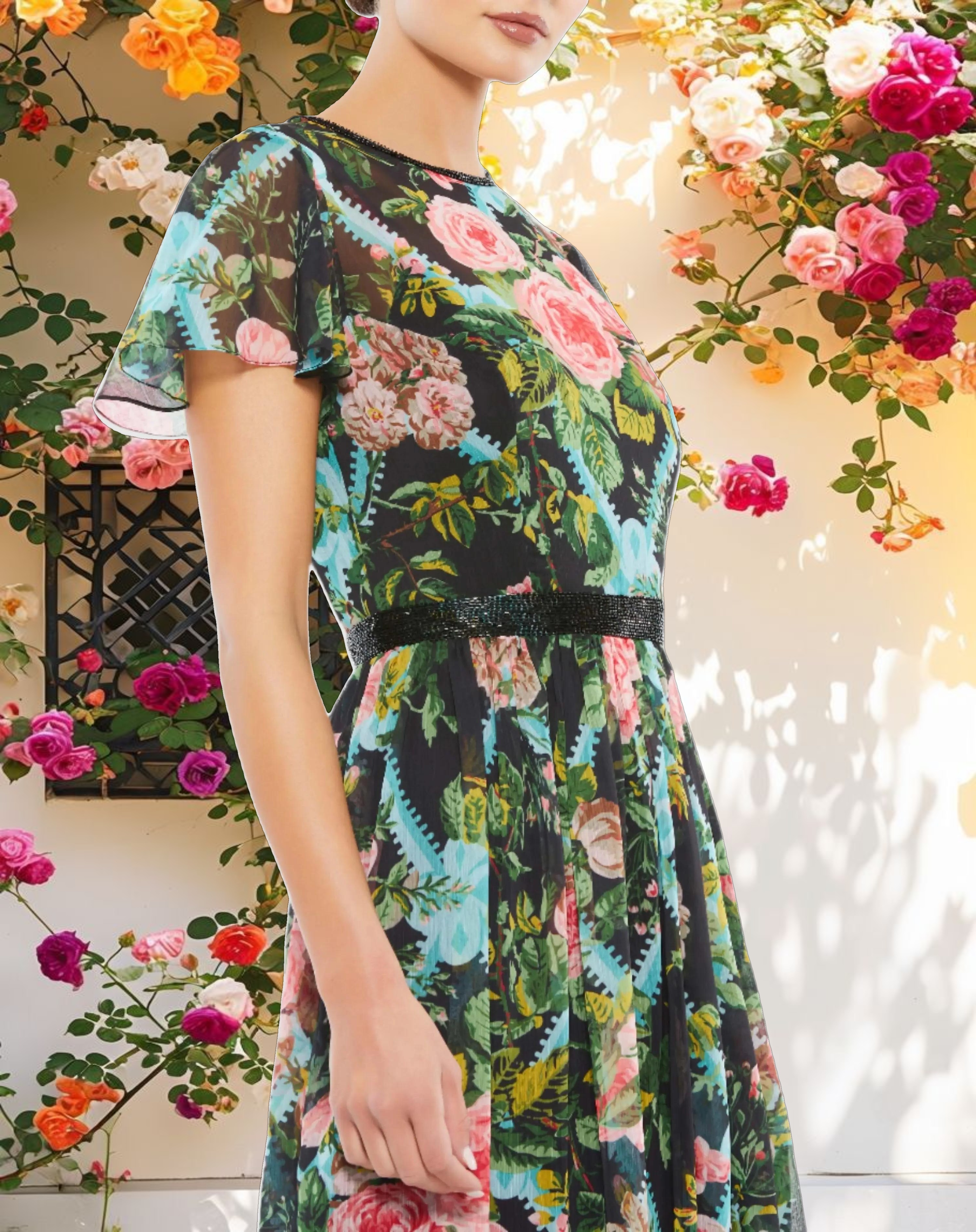Multicolor Floral Illusion Cap Sleeve Midi Dress