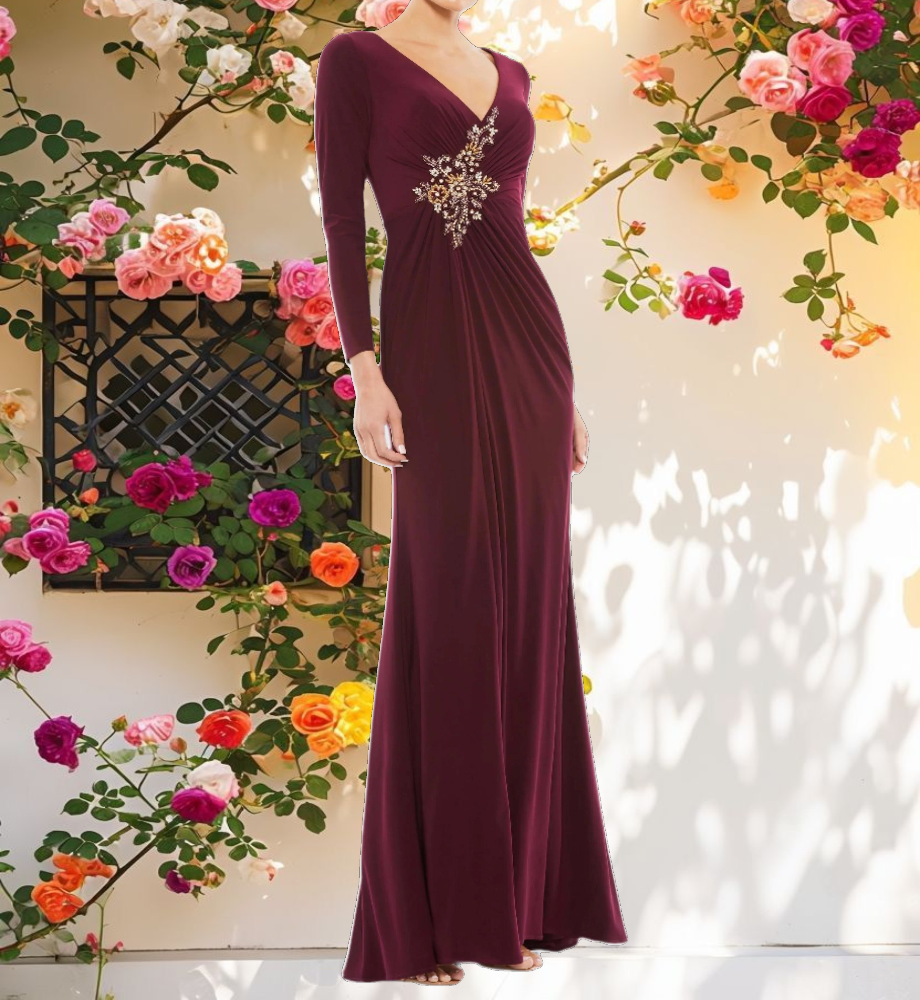 Red Faux Wrap Long Sleeve Gown w/ Appliqué Detail