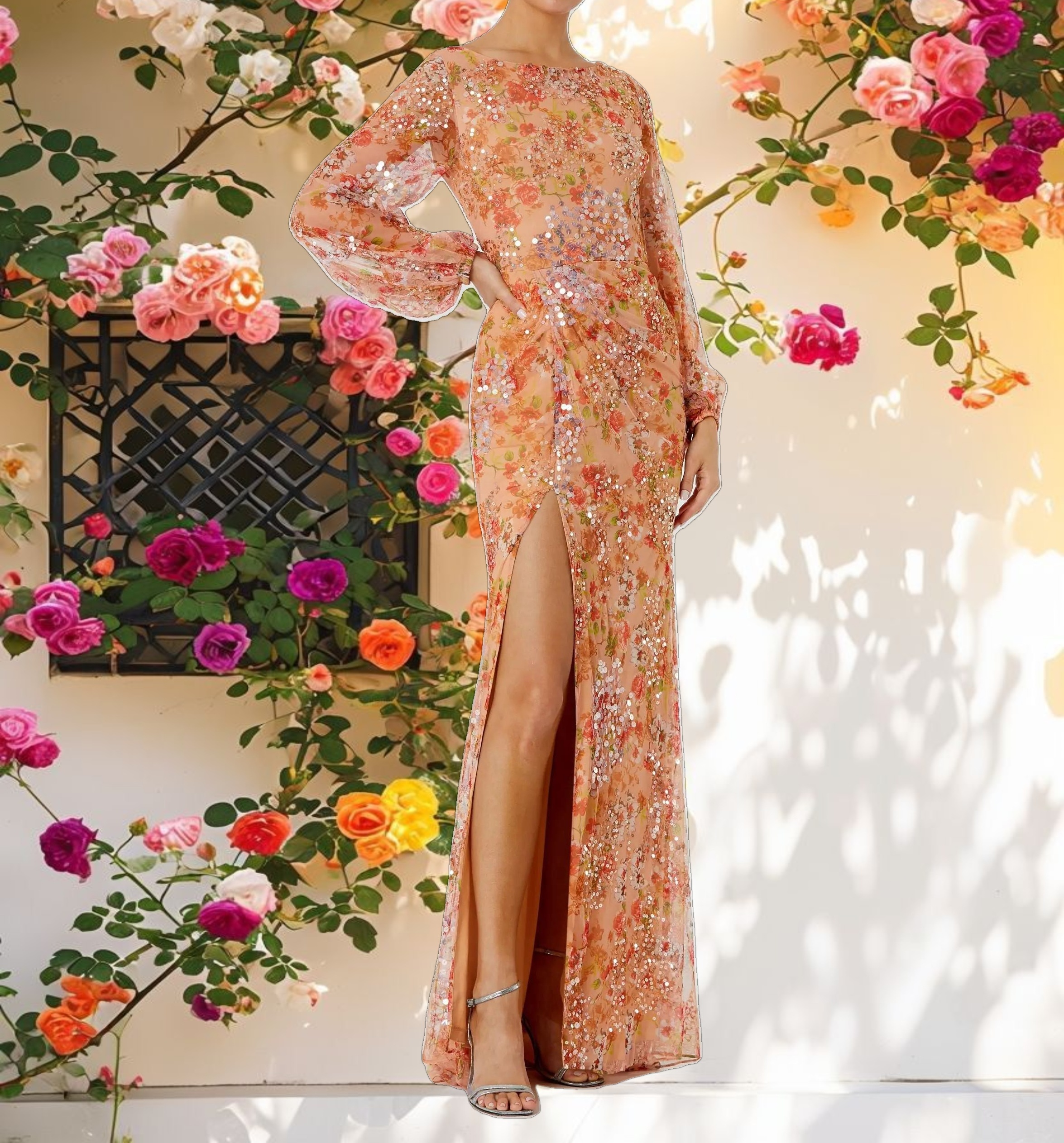 Floral Print Sequined Puff Sleeve Gown