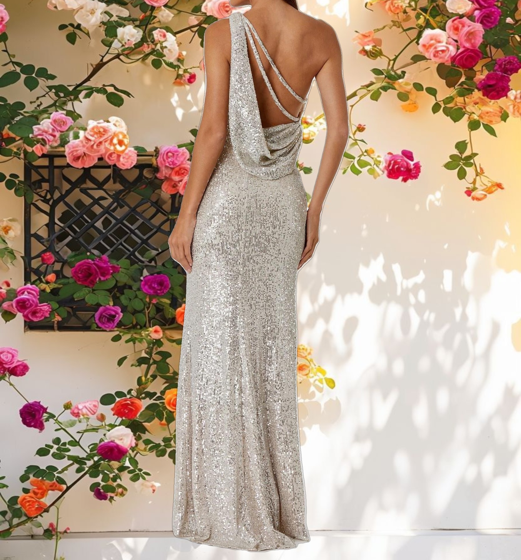 Silver Sequined One Shoulder Draped Back Gown