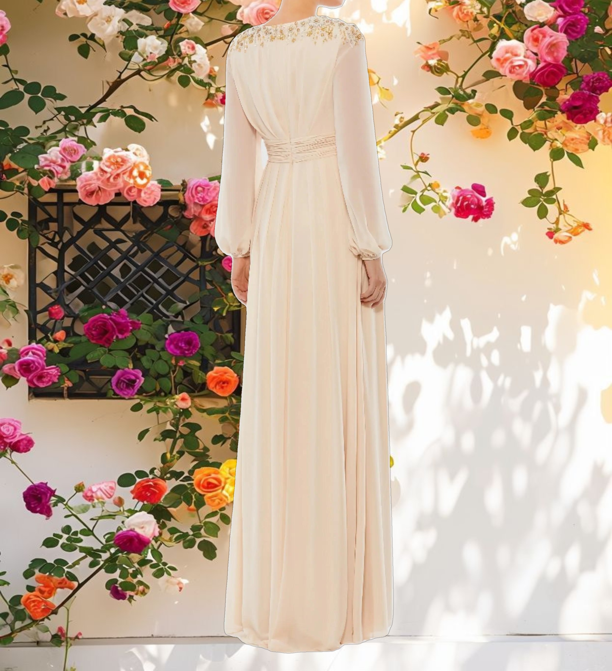 Beige Embellished Shoulder Blouson Sleeve Evening Gown