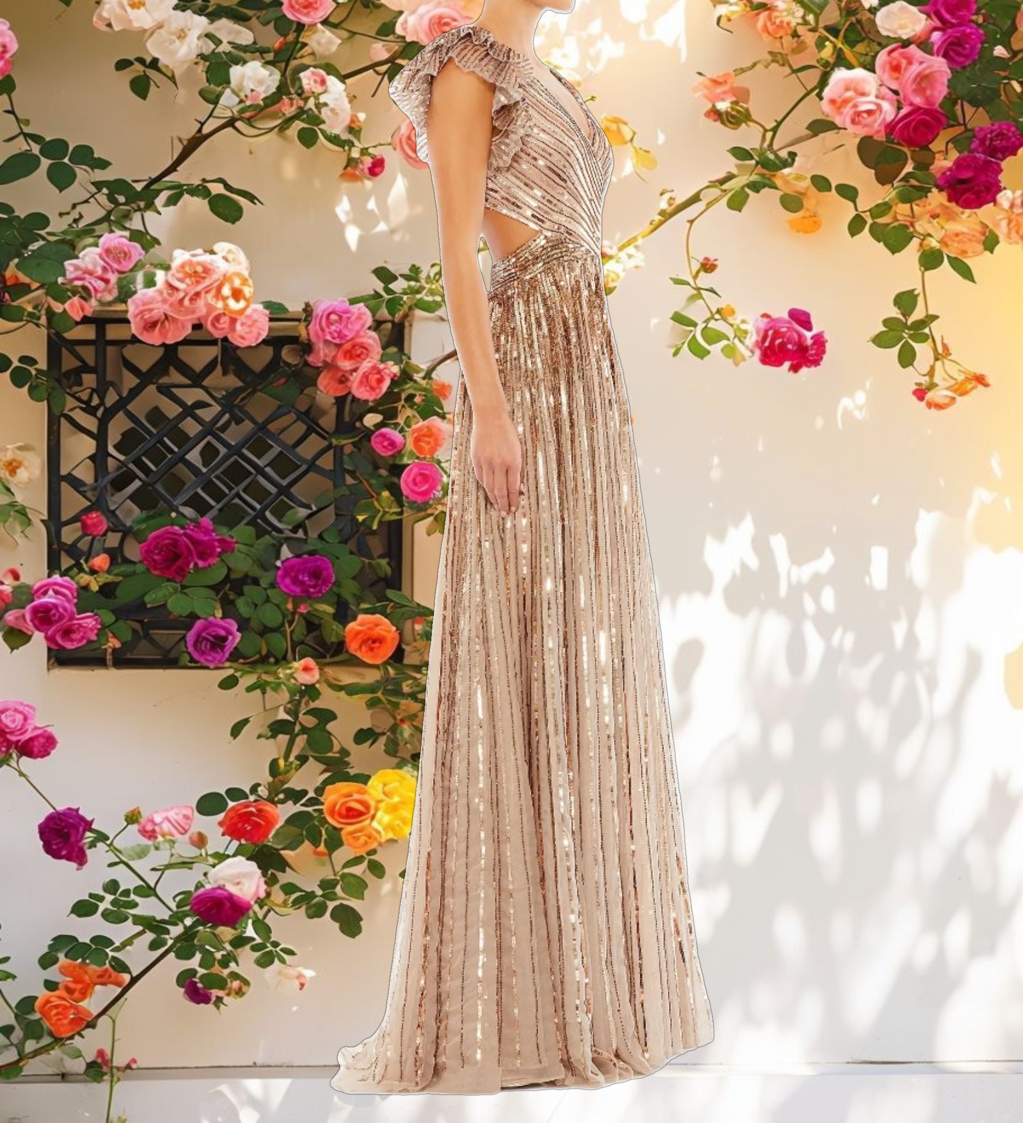 Beige Sequined Cut Out Ruffled Cap Sleeve Lace Up Gown