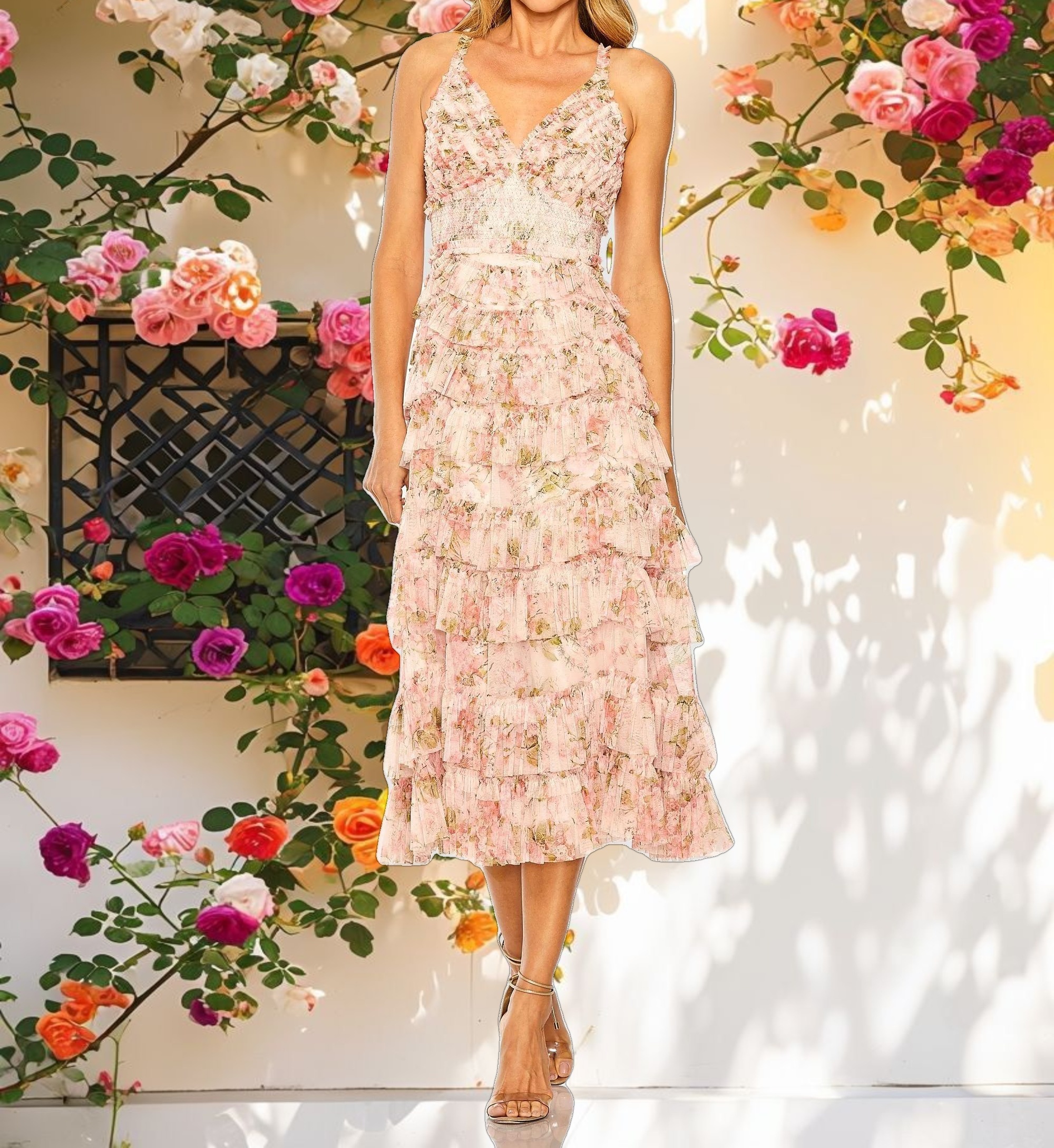 Floral Mesh Midi Dress