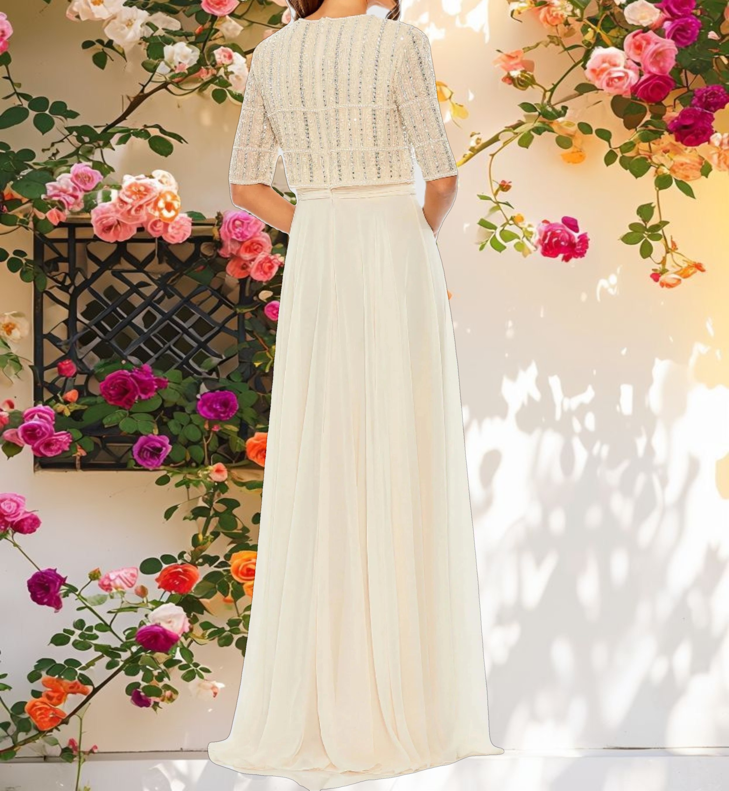 Beige Chiffon Gown w/ Fully Beaded 3/4 Sleeve Top