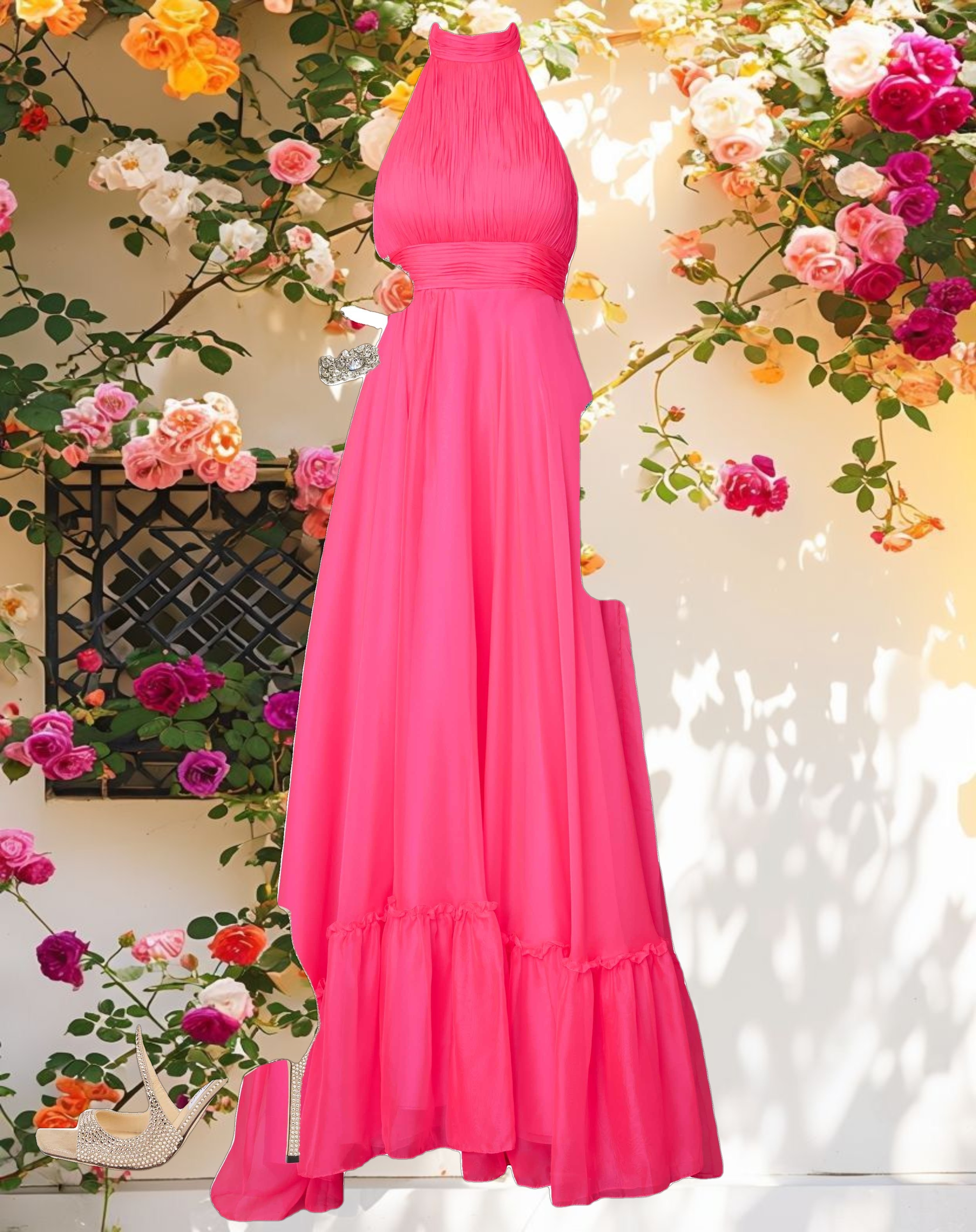 Pink High Neck Tiered Chiffon Halter Gown