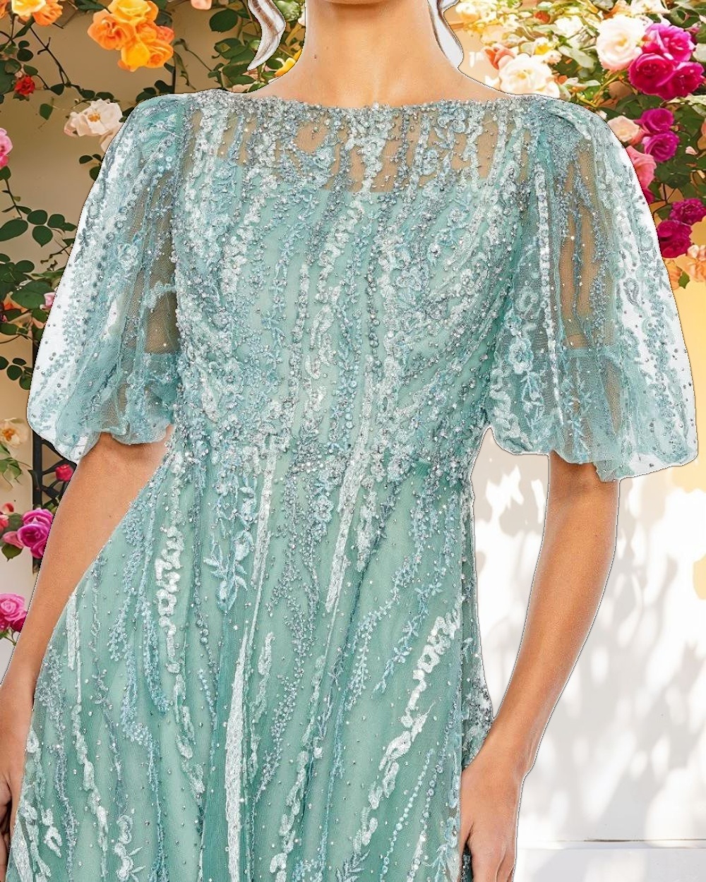 Green High Neck Puff Sleeve Embellished A Line Dress