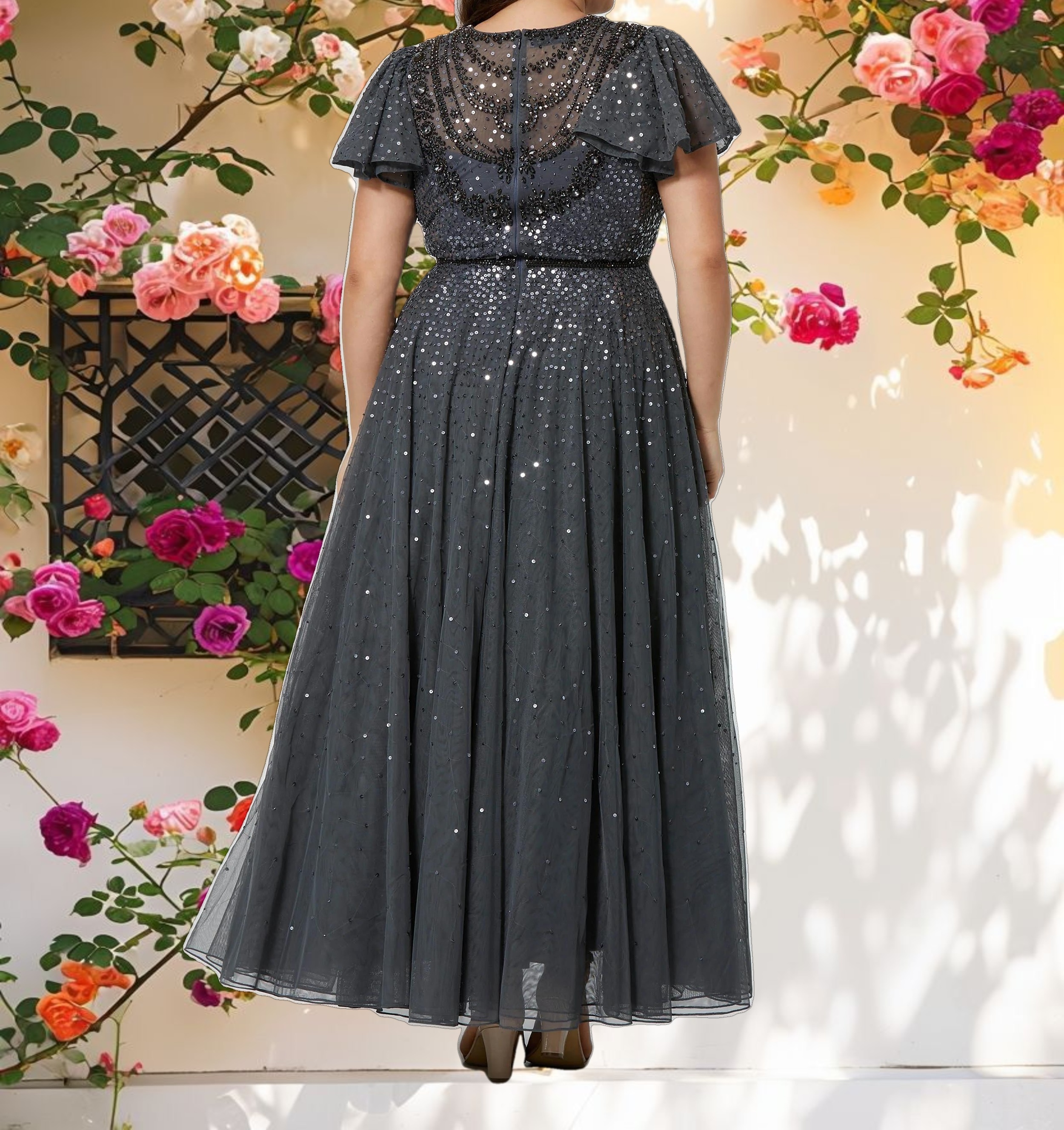 Sheer Flutter Sleeve Beaded Fluffy Net Gown