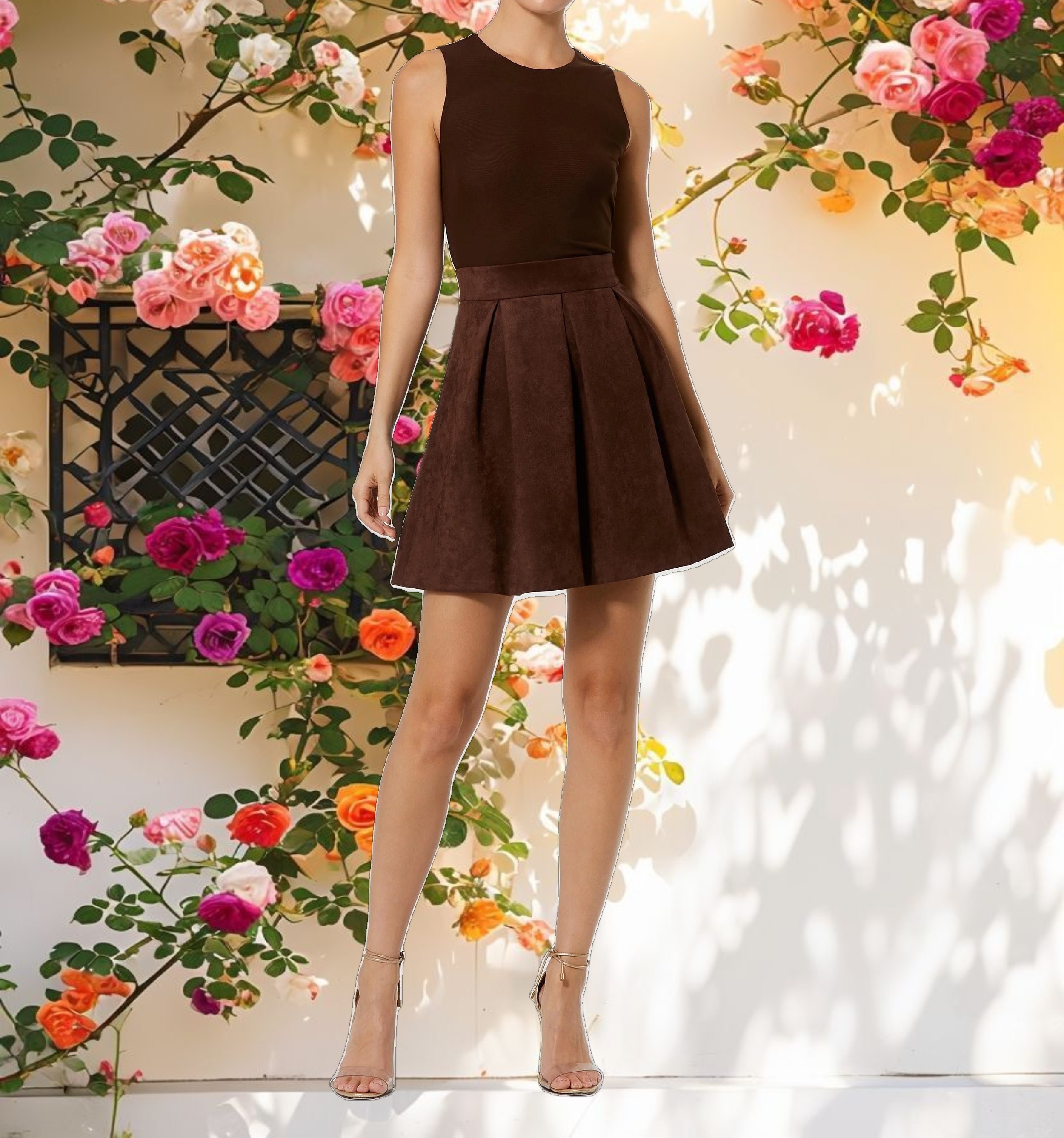 Brown Sleeveless Mesh And Suede A Line Mini Dress