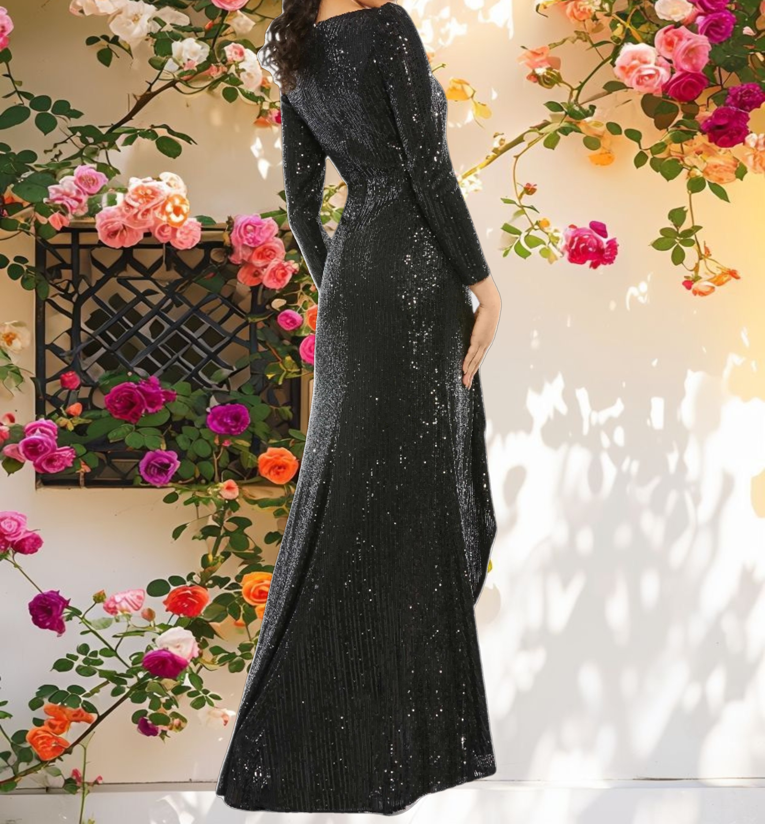 Black Faux Wrap Long Sleeve Sequin Gown