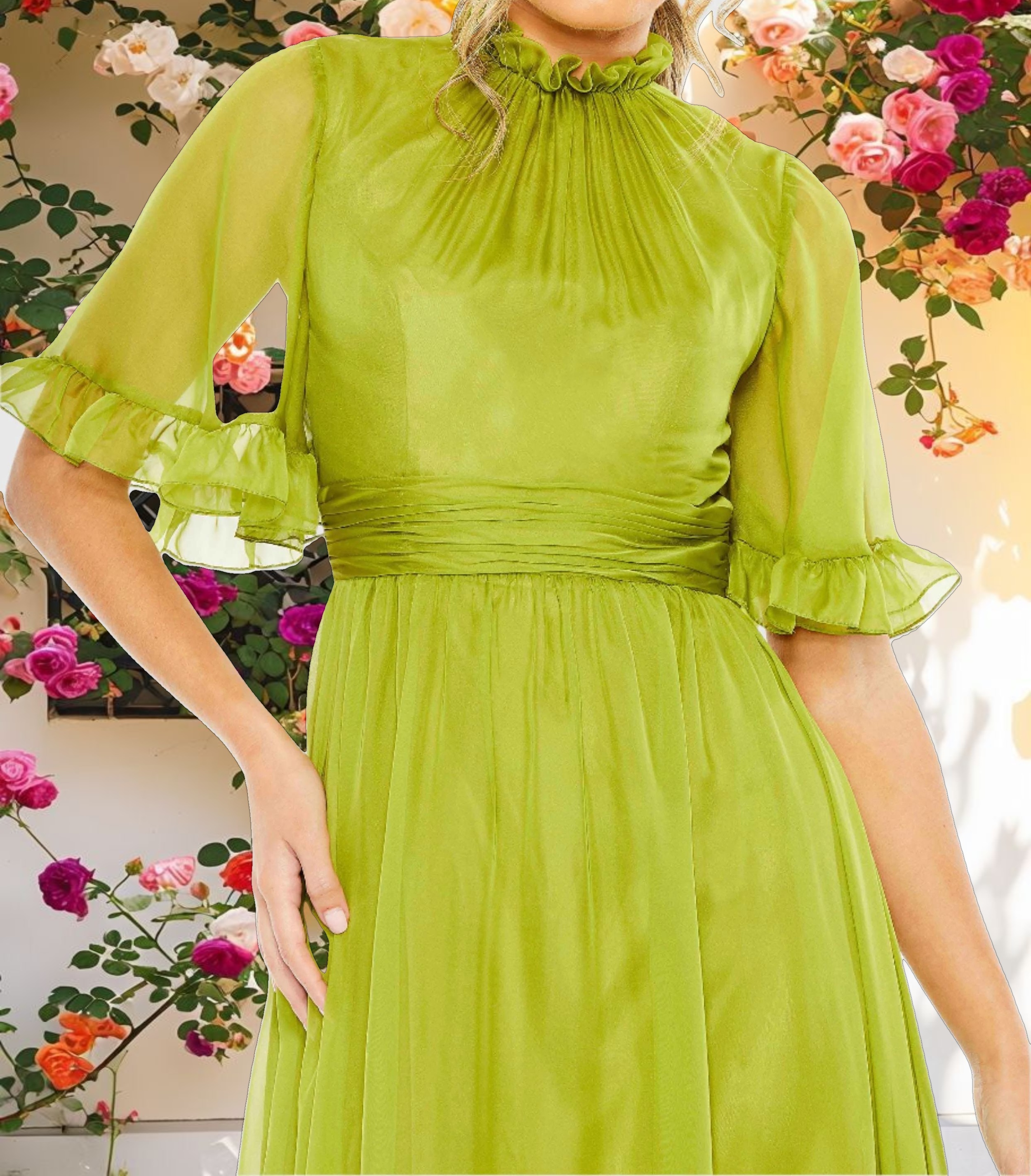 Green Ruffled Mock Neck Flutter Sleeve High Low Hem Gown