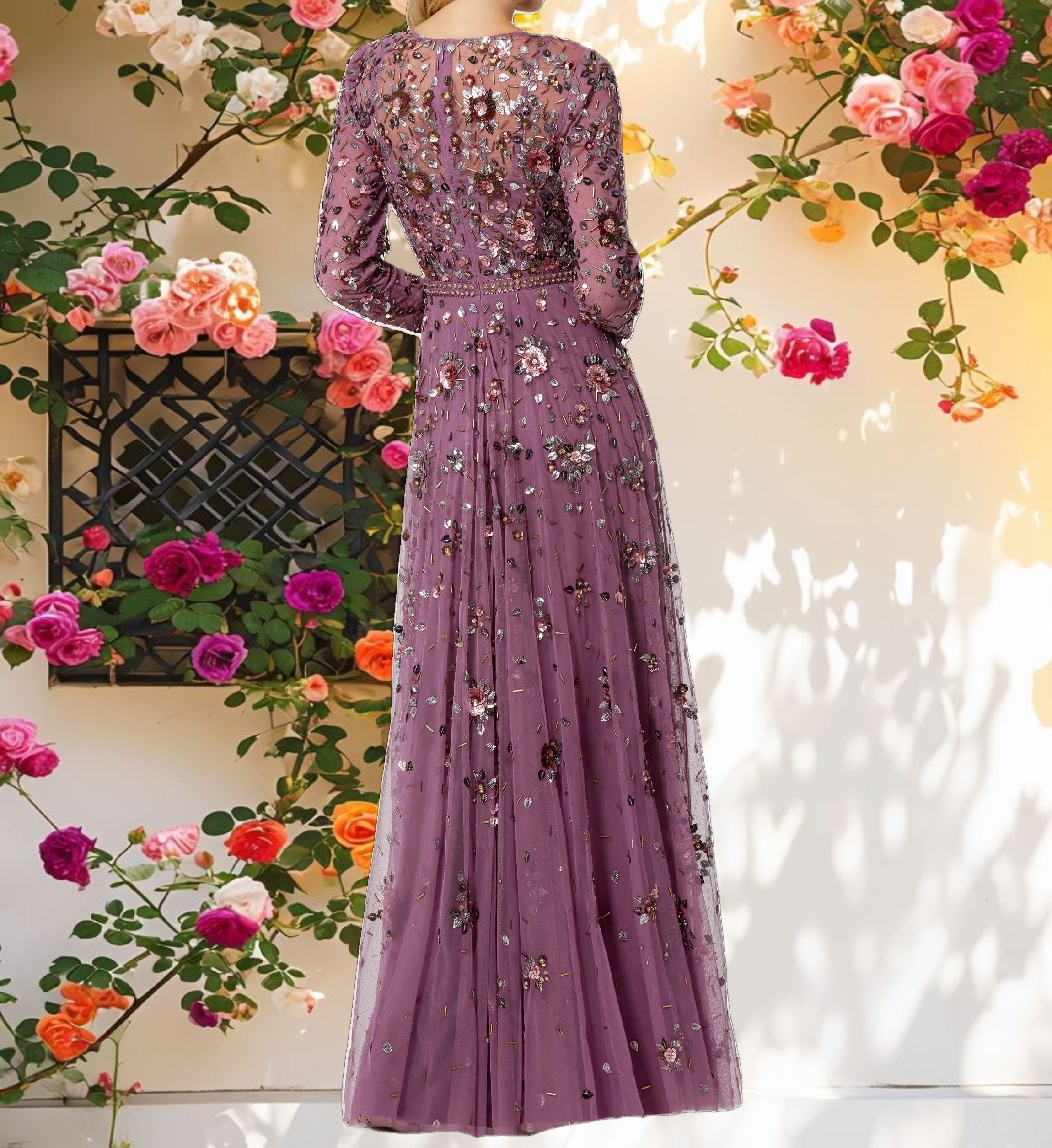 Blue Long Sleeve High Neck Beaded Dress