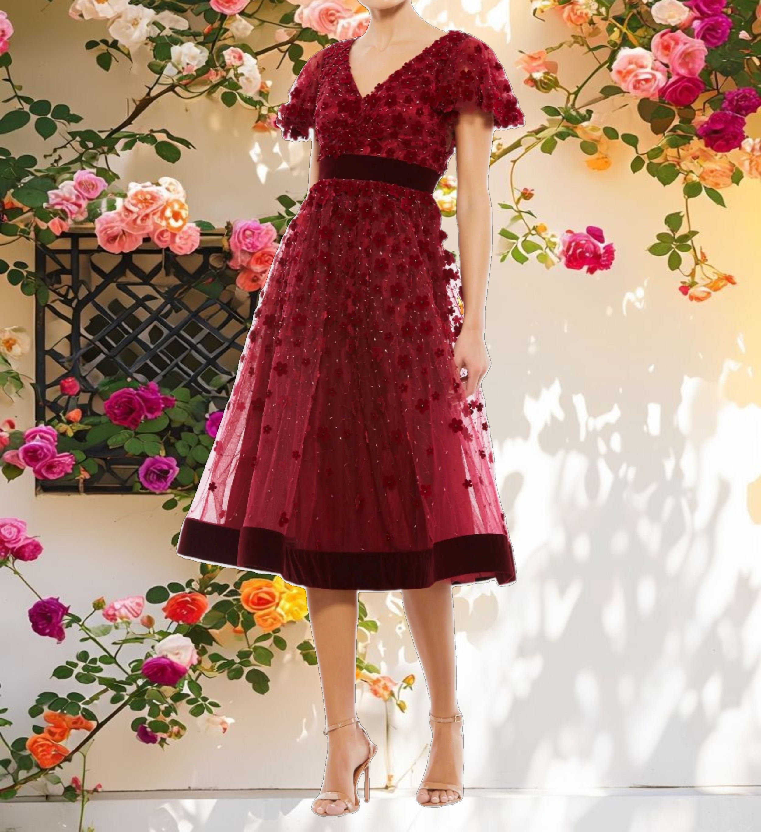 Red Embellished Butterfly Sleeve Velvet Hem Midi Dress