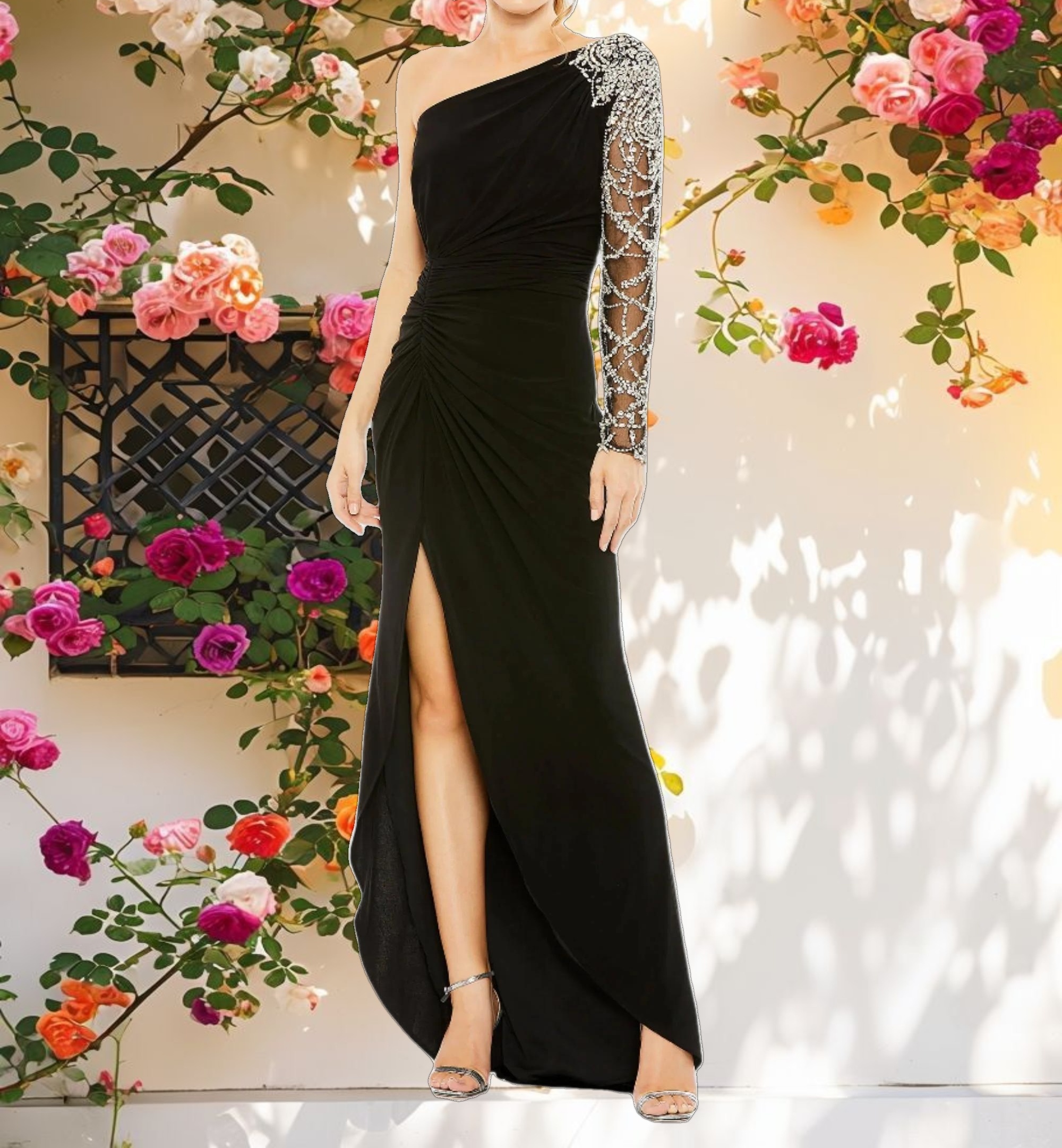 Embellished One Shoulder Long Sleeve Gown