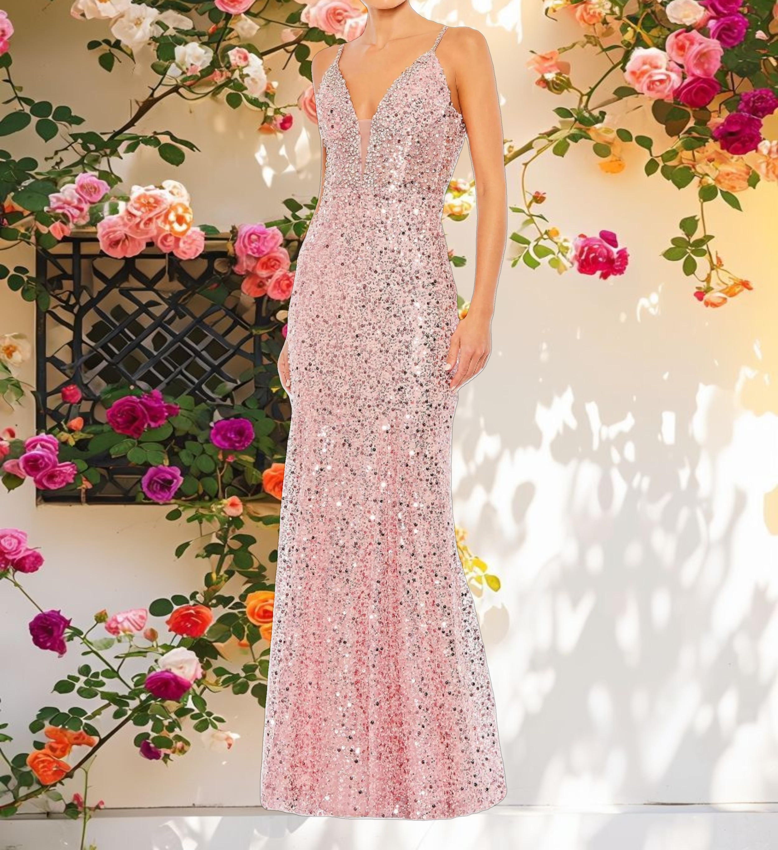 Pink Embellished Plunge Neck Sleeveless Trumpet Gown