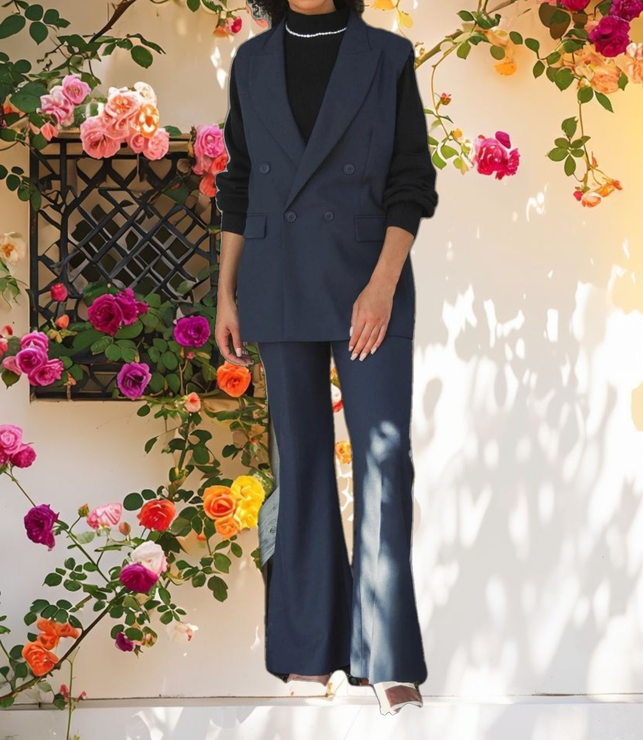 Navy Classic Crepe Flared Trouser Pant