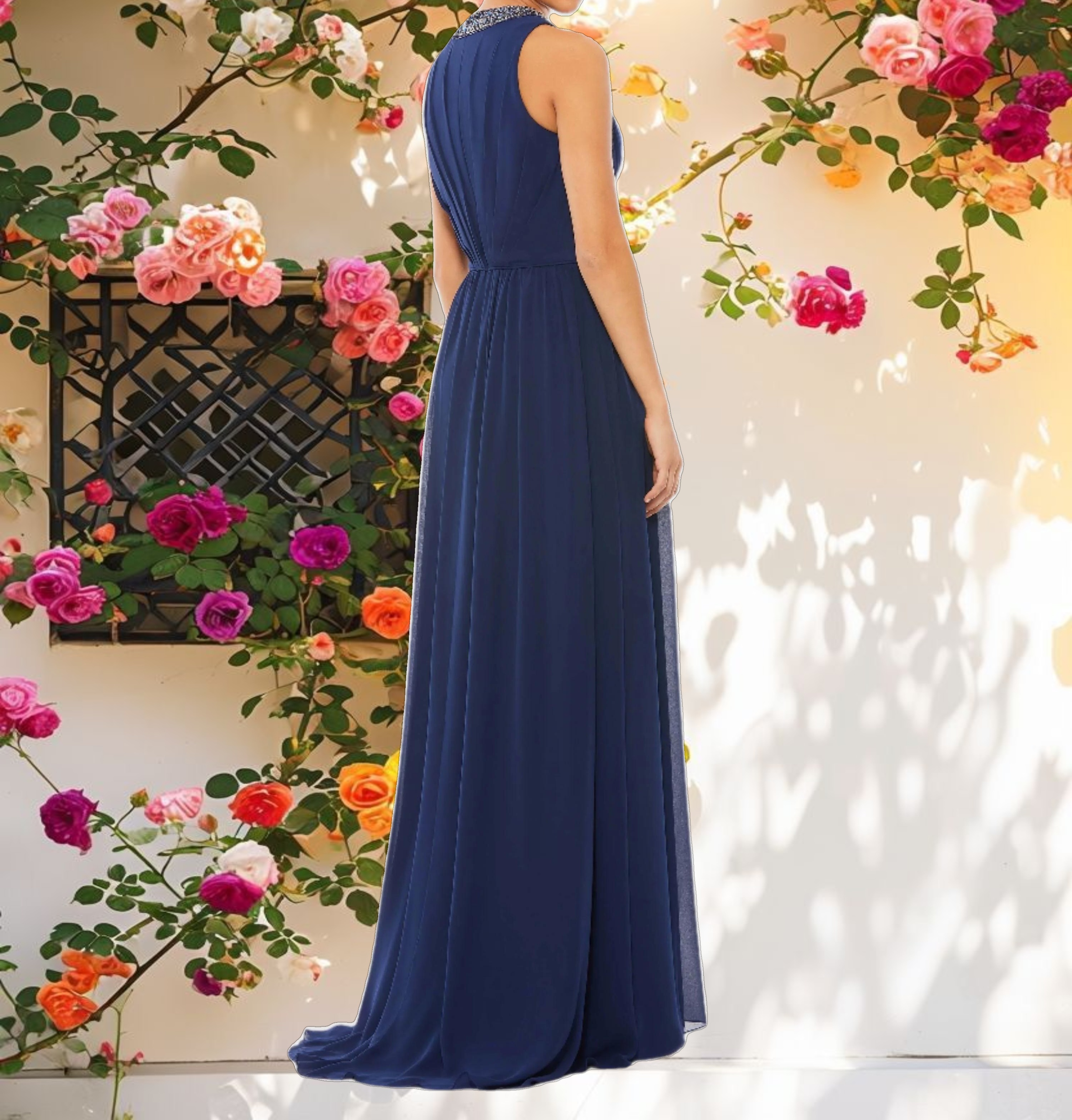 Bejeweled Neckline Pleated Chiffon Gown