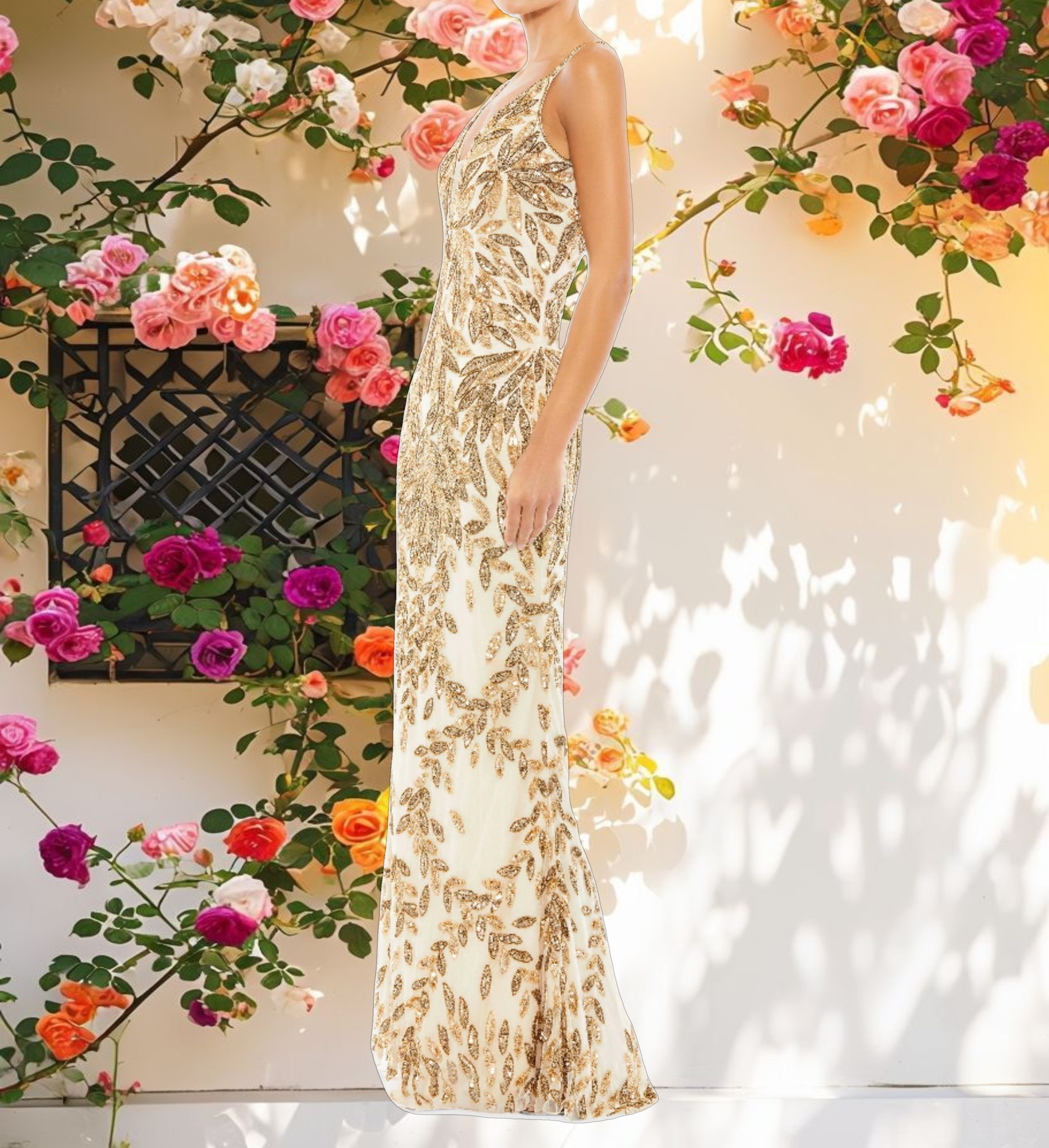 Gold Hand Beaded Leaf Embellished EvenPlunge Neck Evening Gown