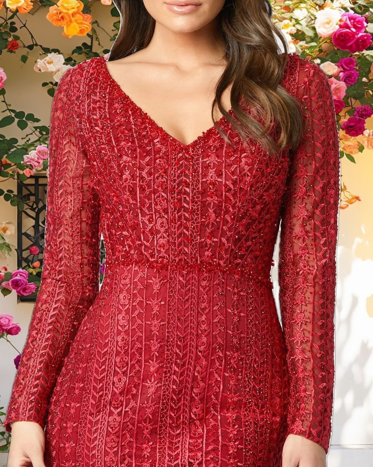 Red Embroidered Long Sleeve V Neck Gown