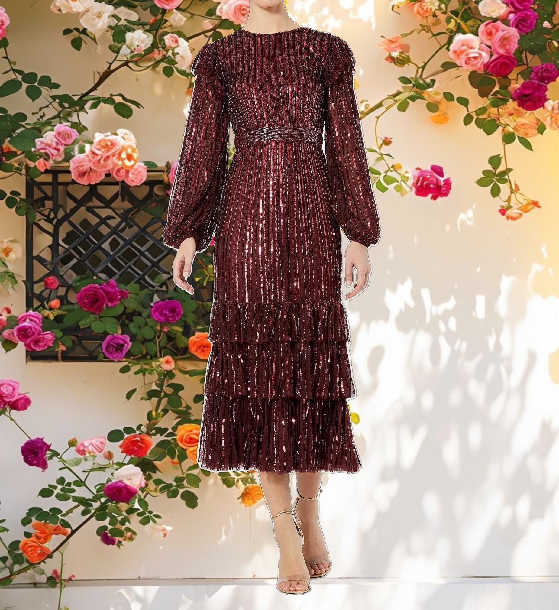 Long Sleeve Ruffle Detail Sequin Dress