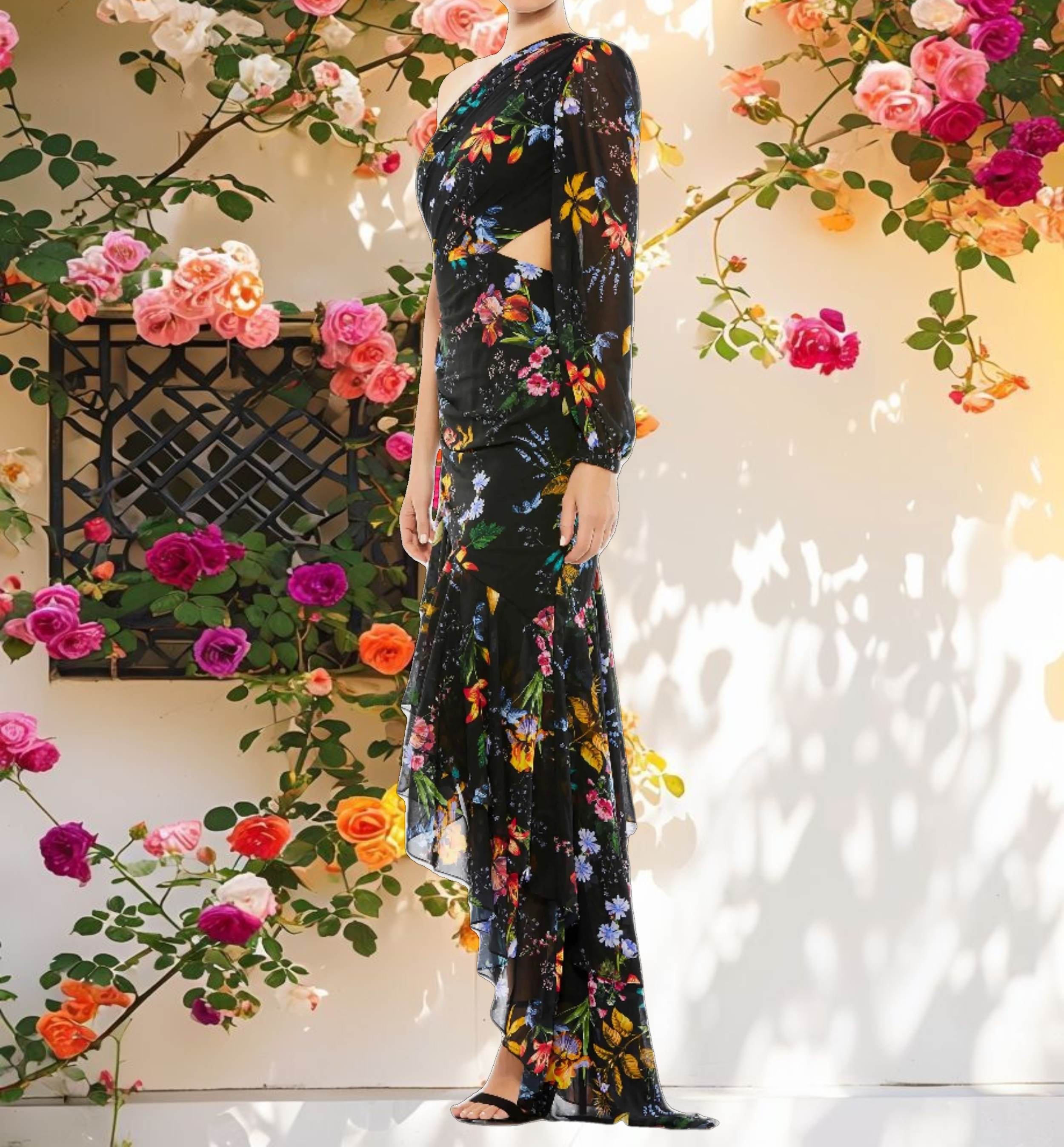 Floral One Sleeve Cut Out Dress