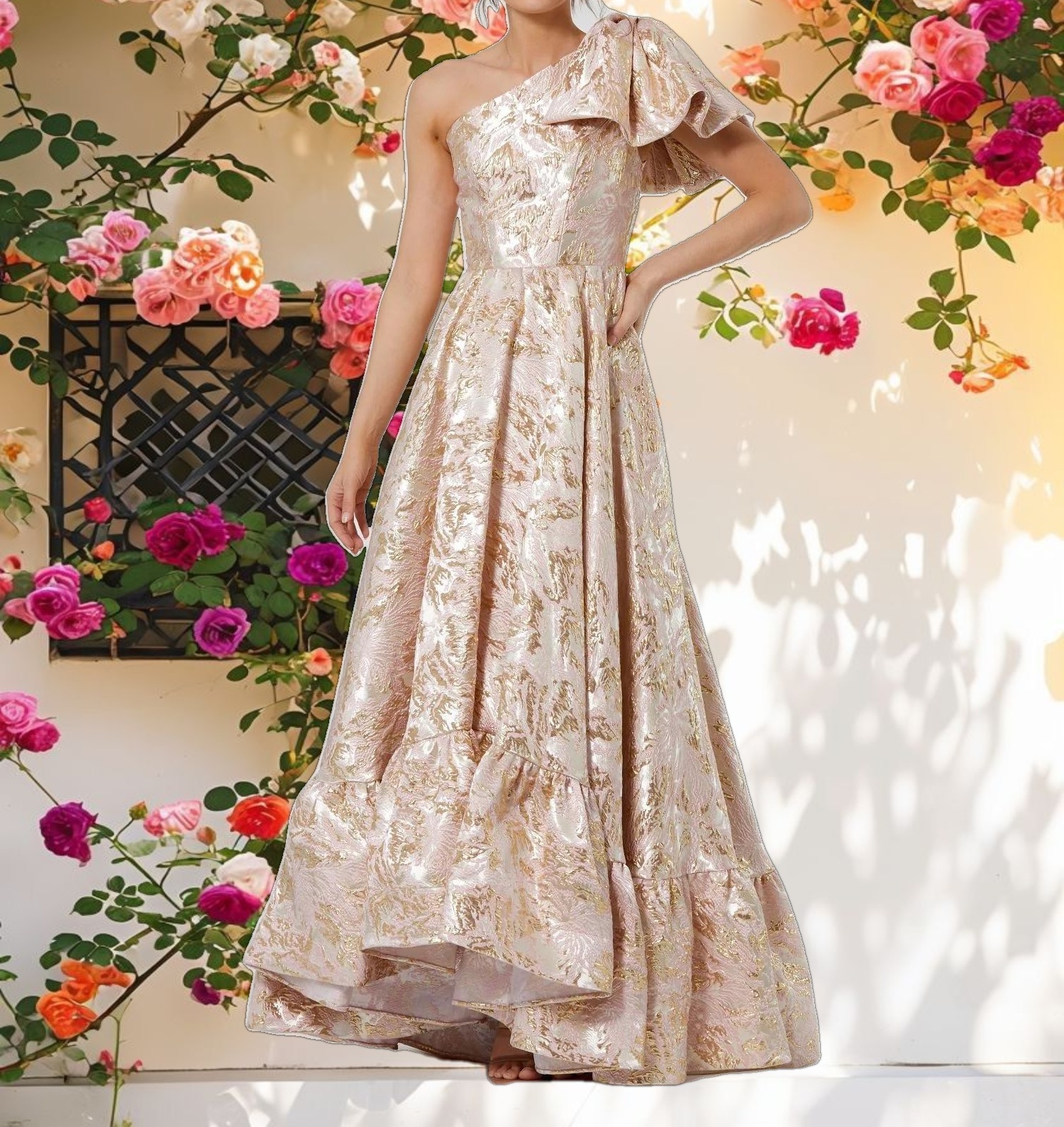 Pink Floral One Shoulder Dress With Bow