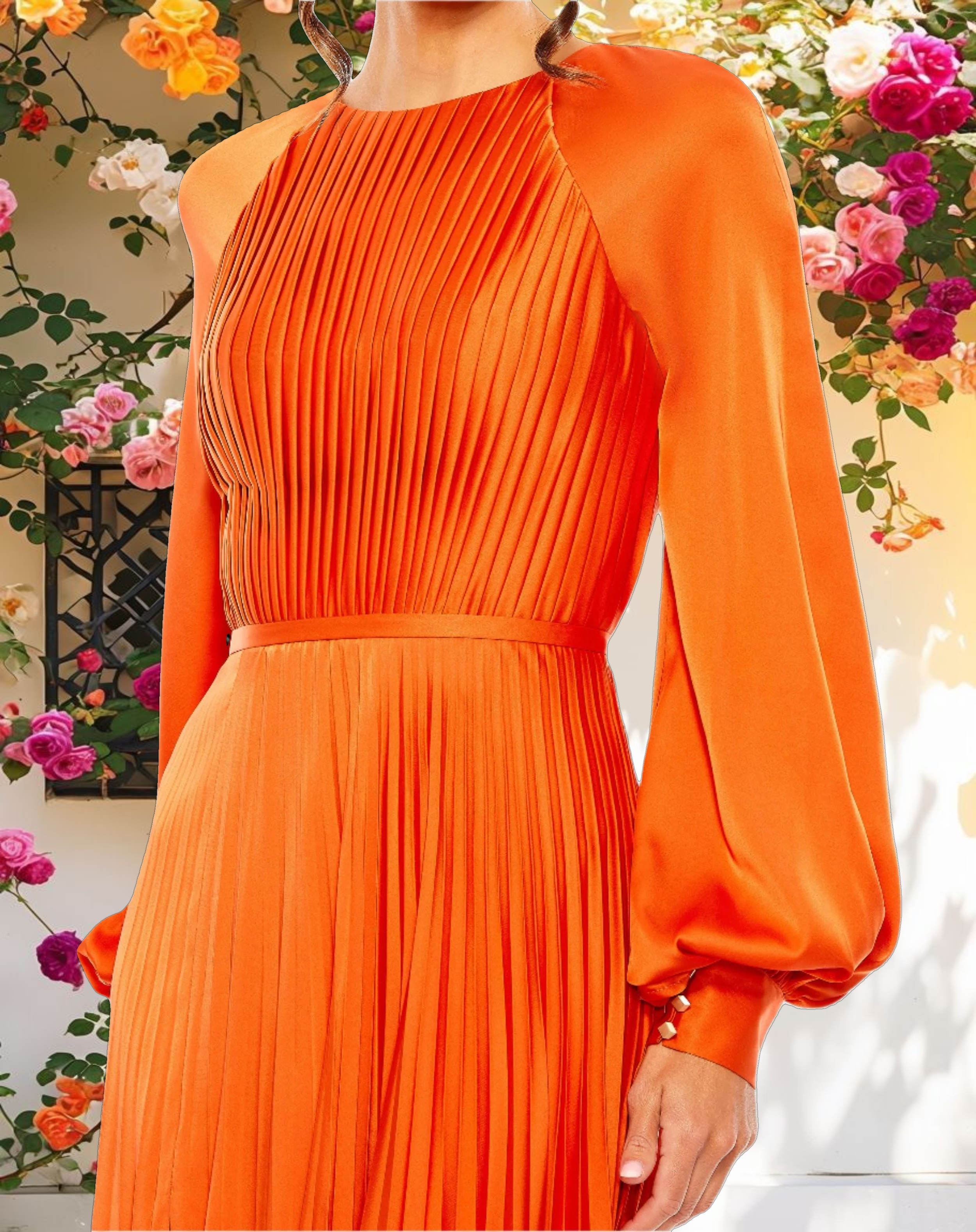Orange Pleated High Neck Raglan Long Sleeve Side Slit Gown