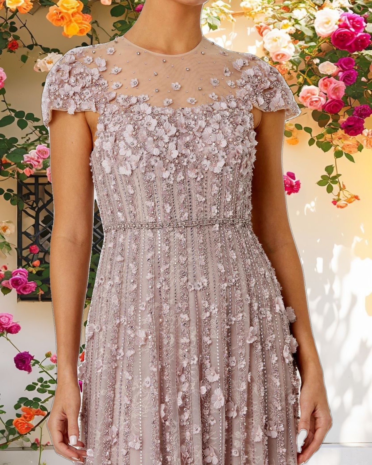 Pink Embellished Lace Cap Sleeve Illusion Neck Gown