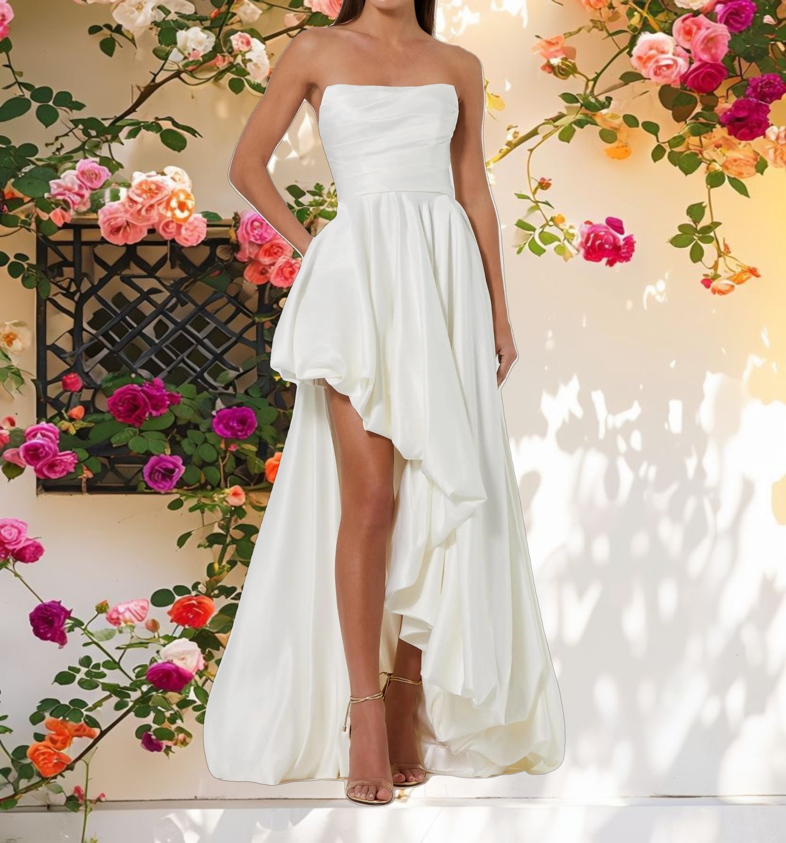 Strapless Ruched High Low Gown