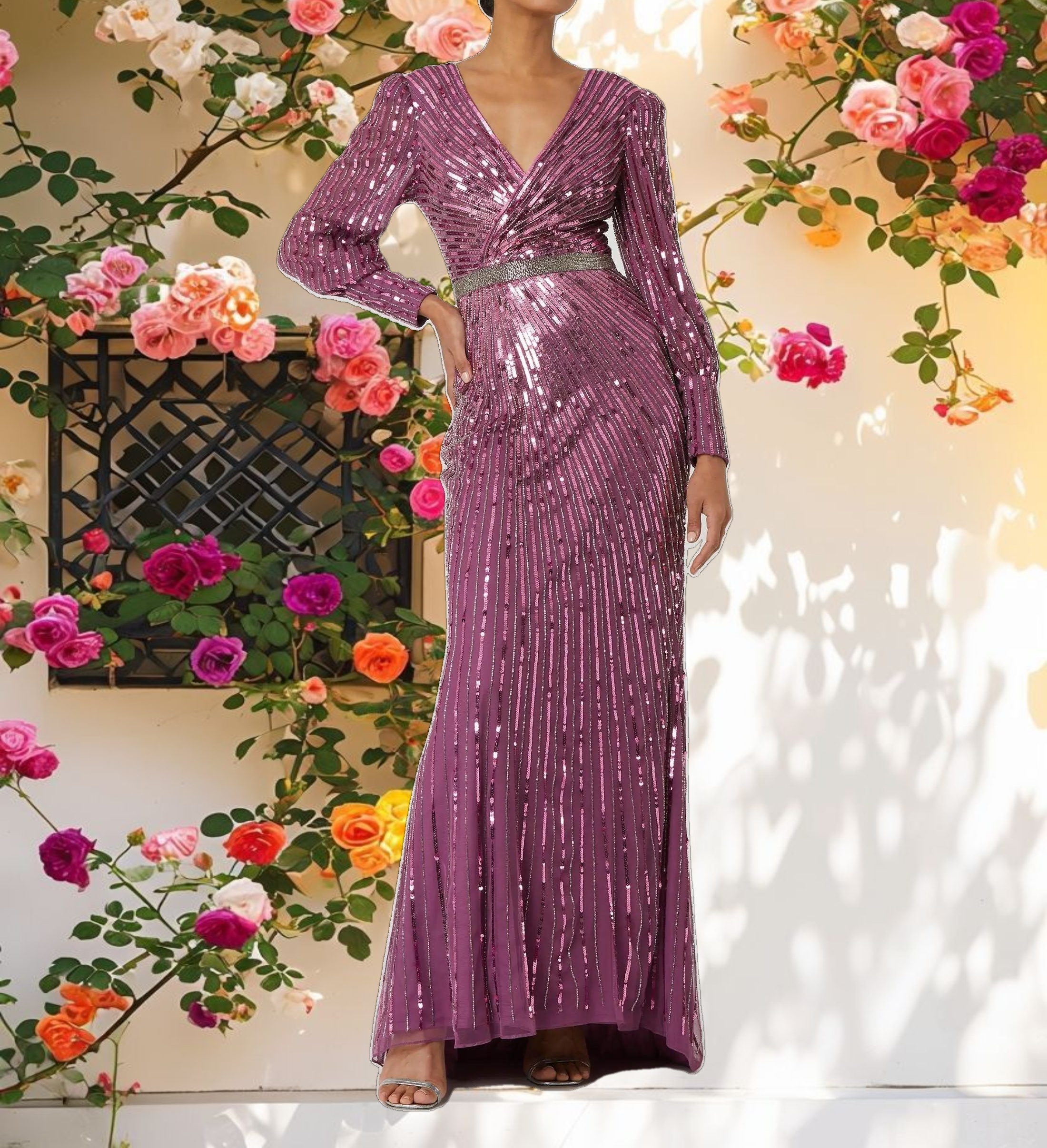 Purple Sequined Wrap Over Bishop Sleeve Gown