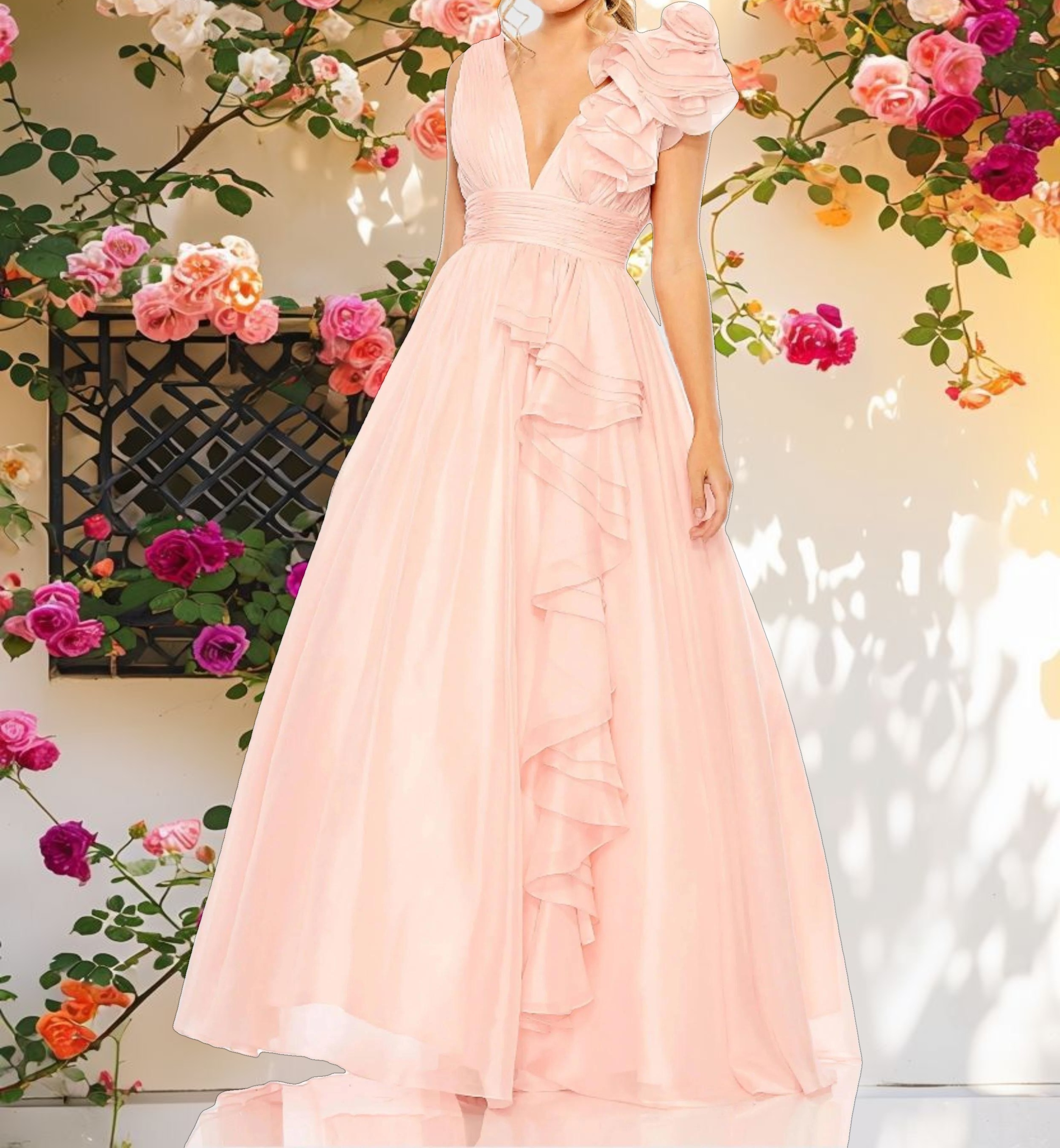 Ruffle Shoulder V-Neck Chiffon Gown