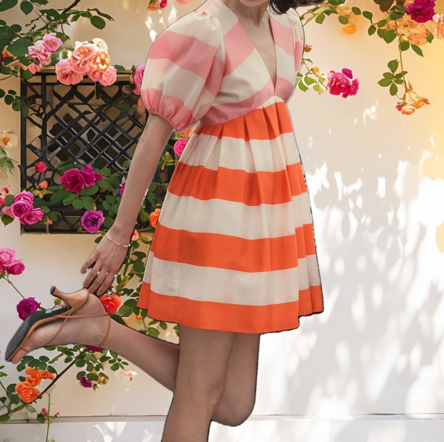 Silk Striped Balloon Sleeve Mini Dress