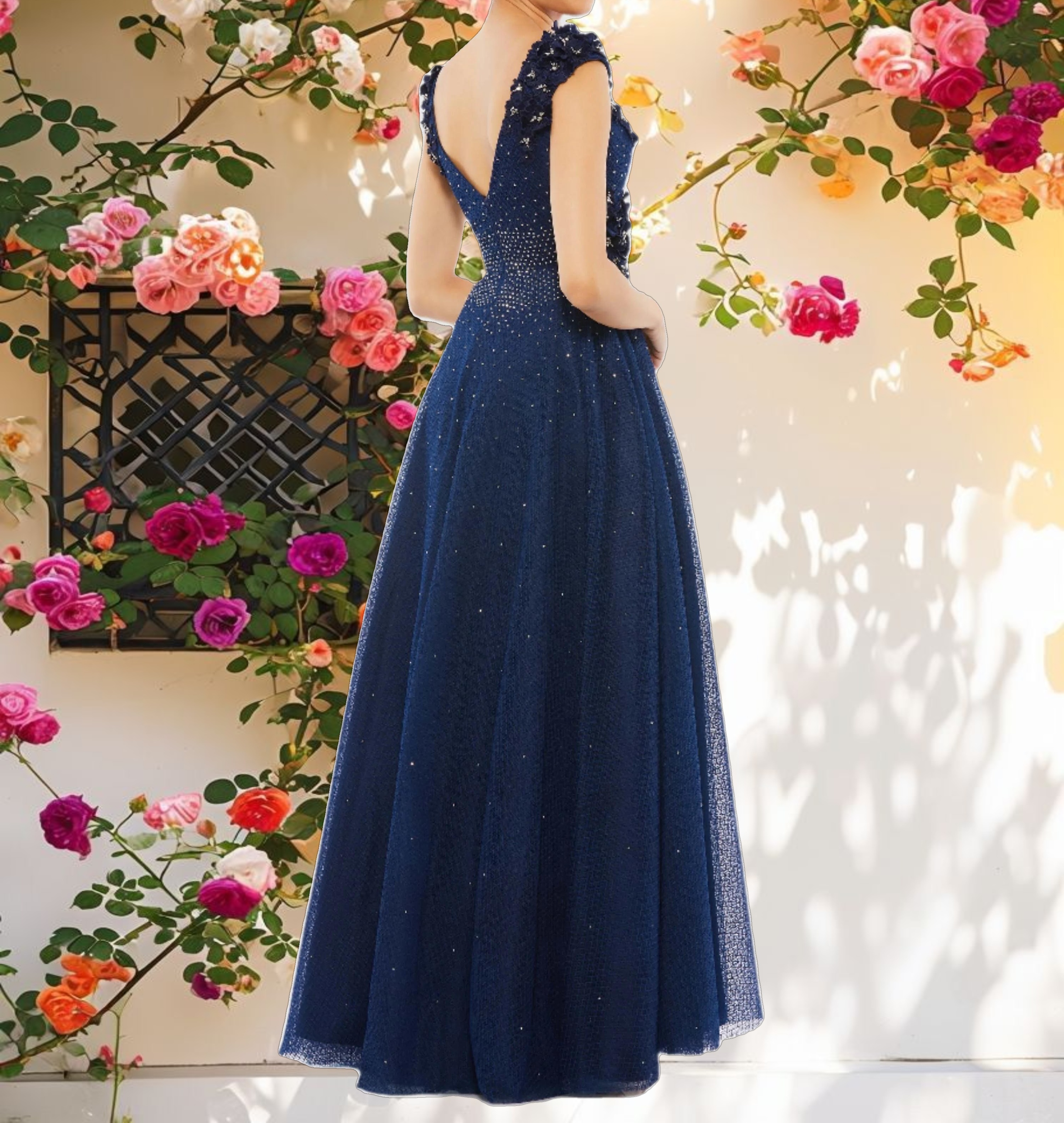 Floral Applique A Line Evening Gown