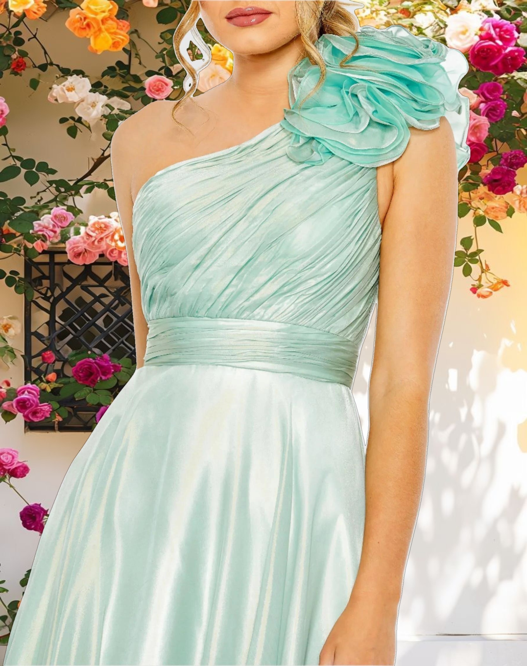 Green Rosette One Shoulder Tea Length Dress