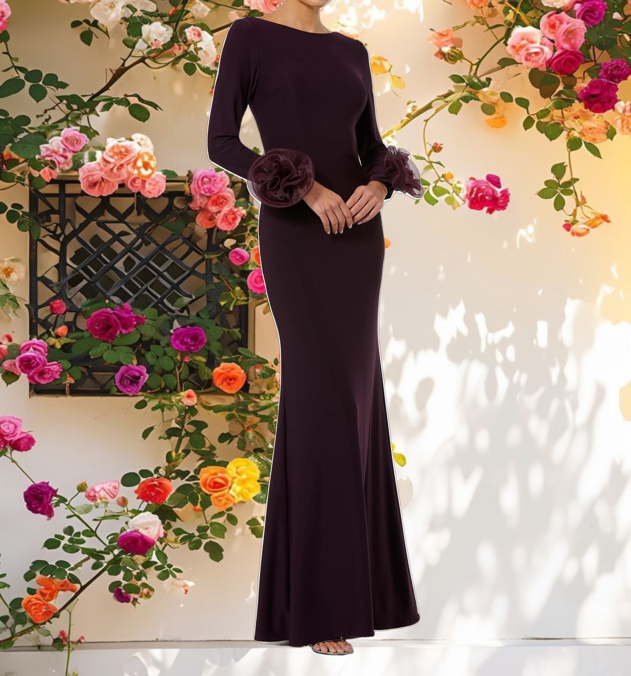 Long Sleeve Fitted Jersey Gown With 3D Flowers