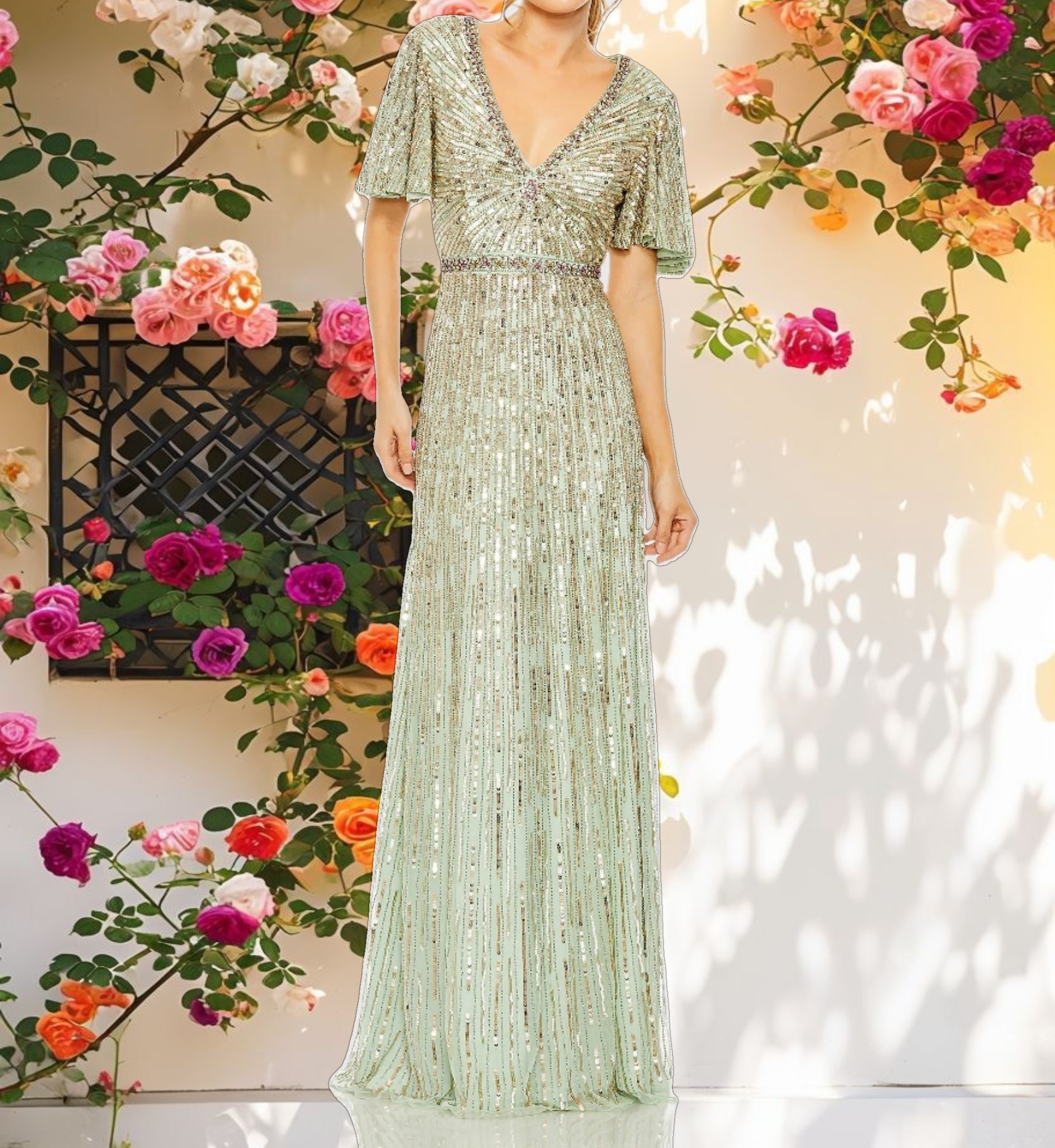 Embellished V Neck Butterfly Sleeve Column Gown