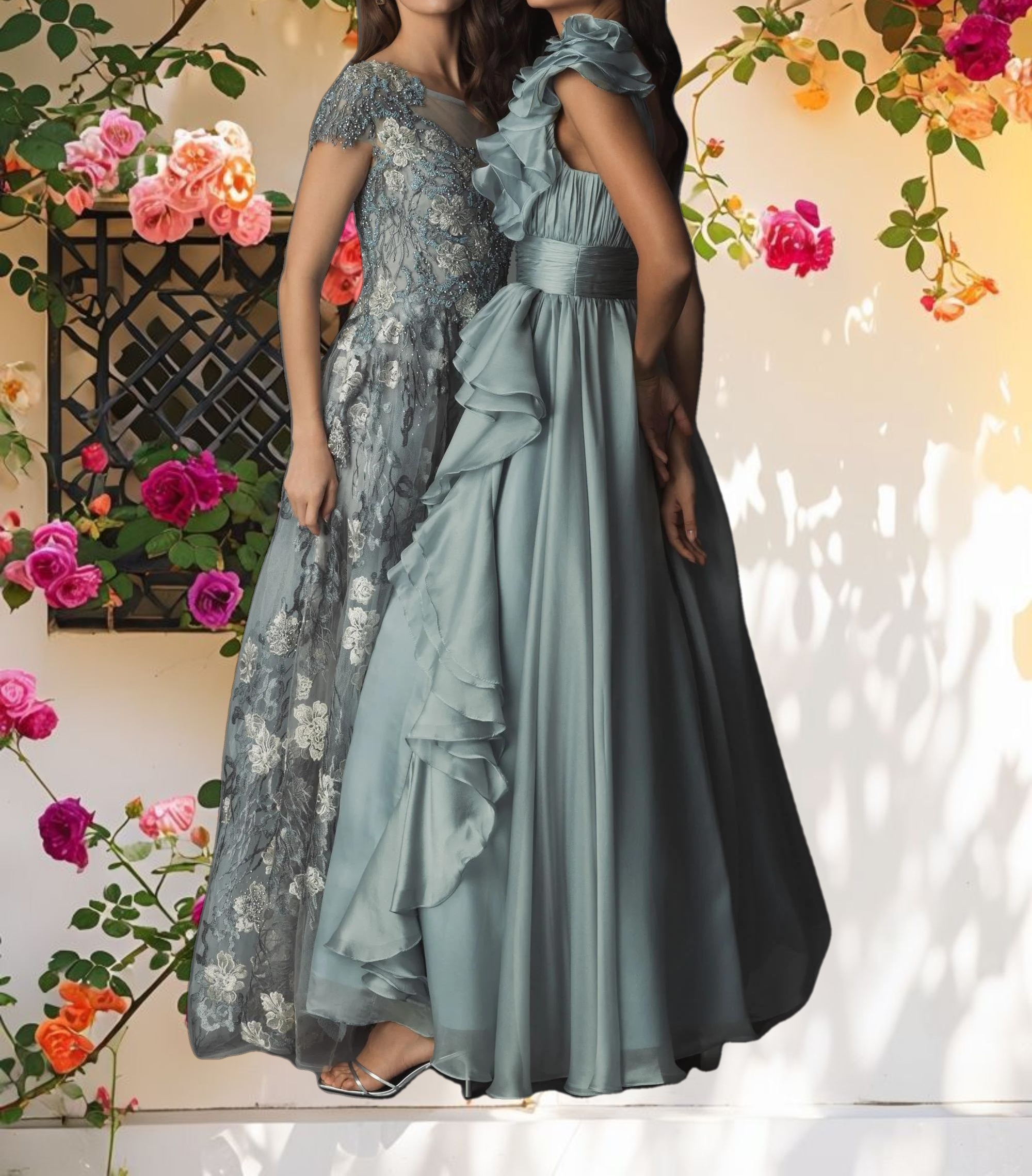 Green Ruffle Shoulder V-Neck Chiffon Gown