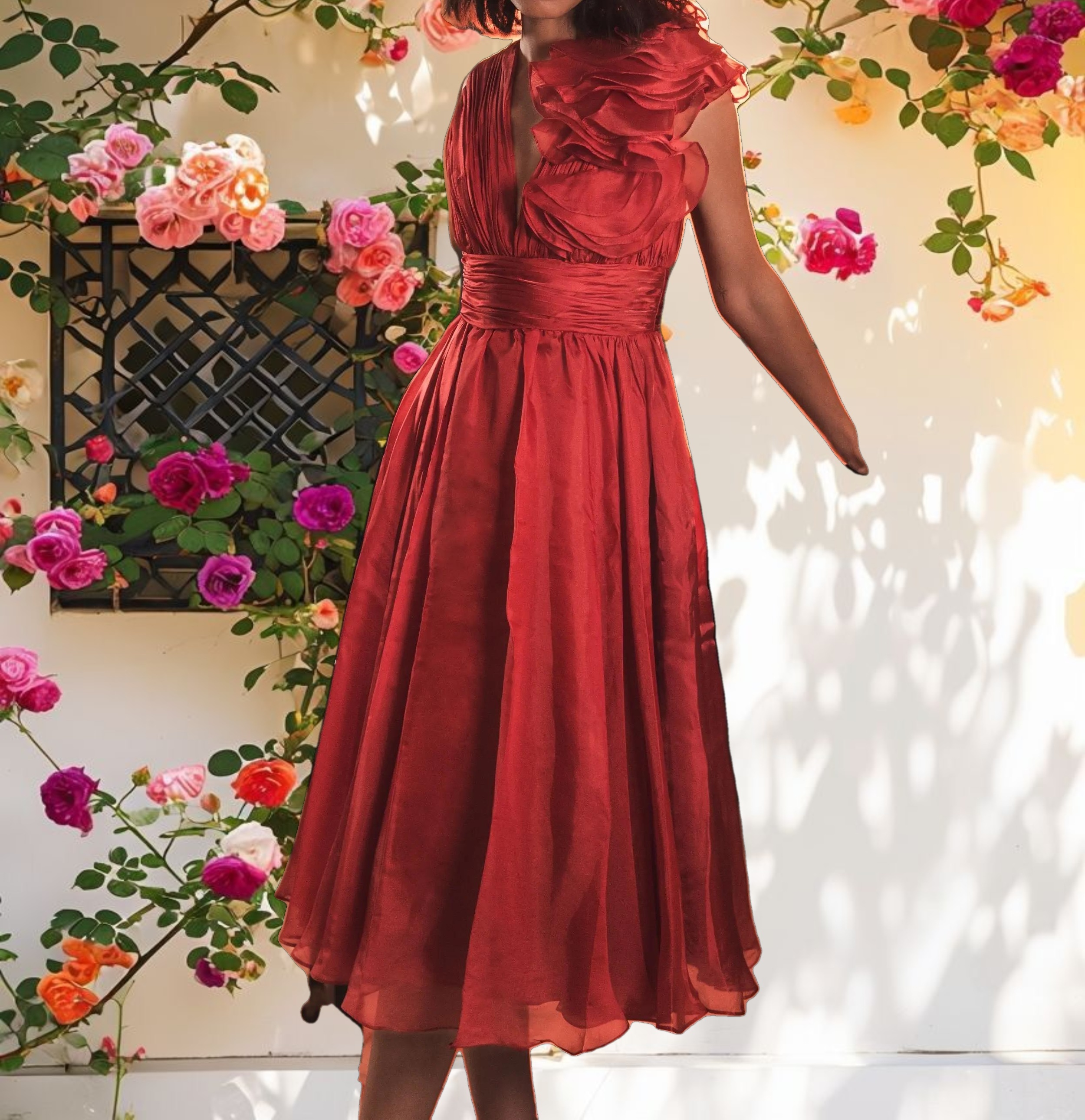 Red Sleeveless Chiffon A Line Tea Length Cocktail Dress