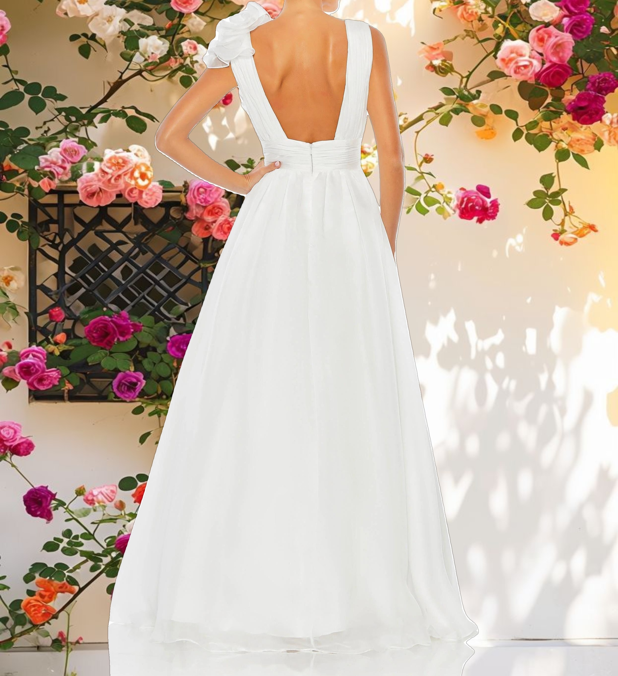 White Ruffle Shoulder V-Neck Chiffon Gown