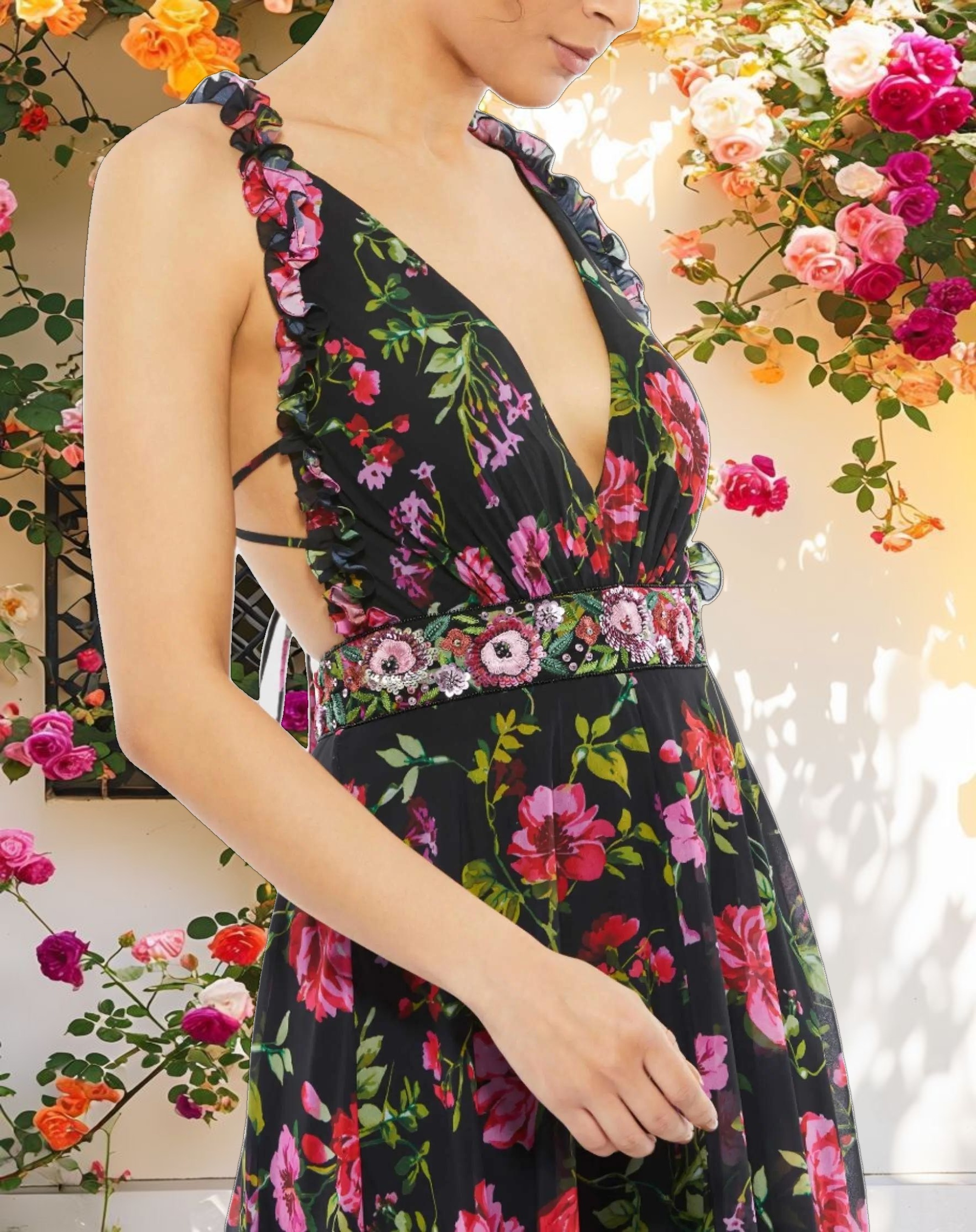 Black Embellished Belt Ruffled Halter Strap Gown