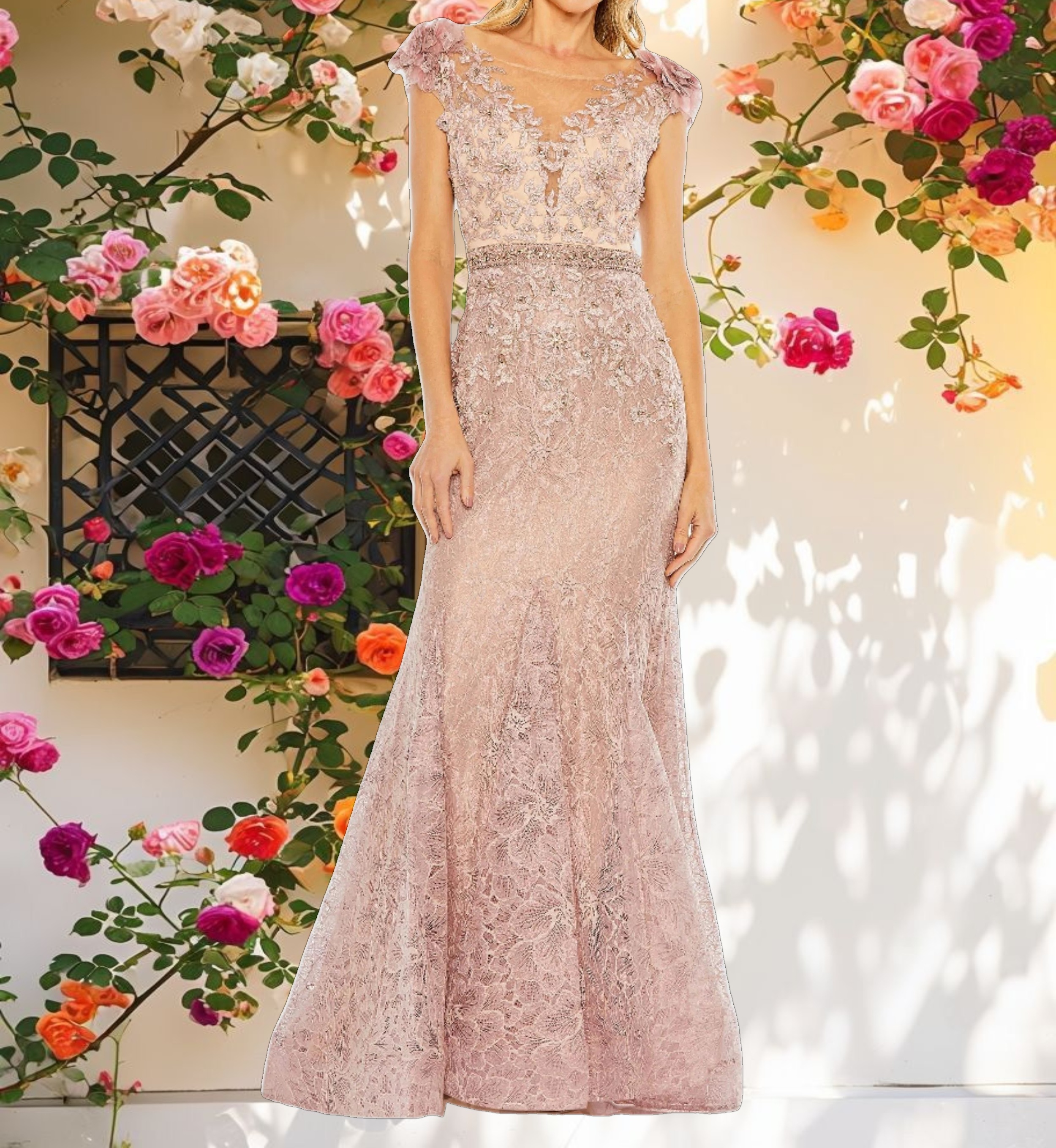 Pink High Neck Shoulder Flower Detail Mermaid Gown